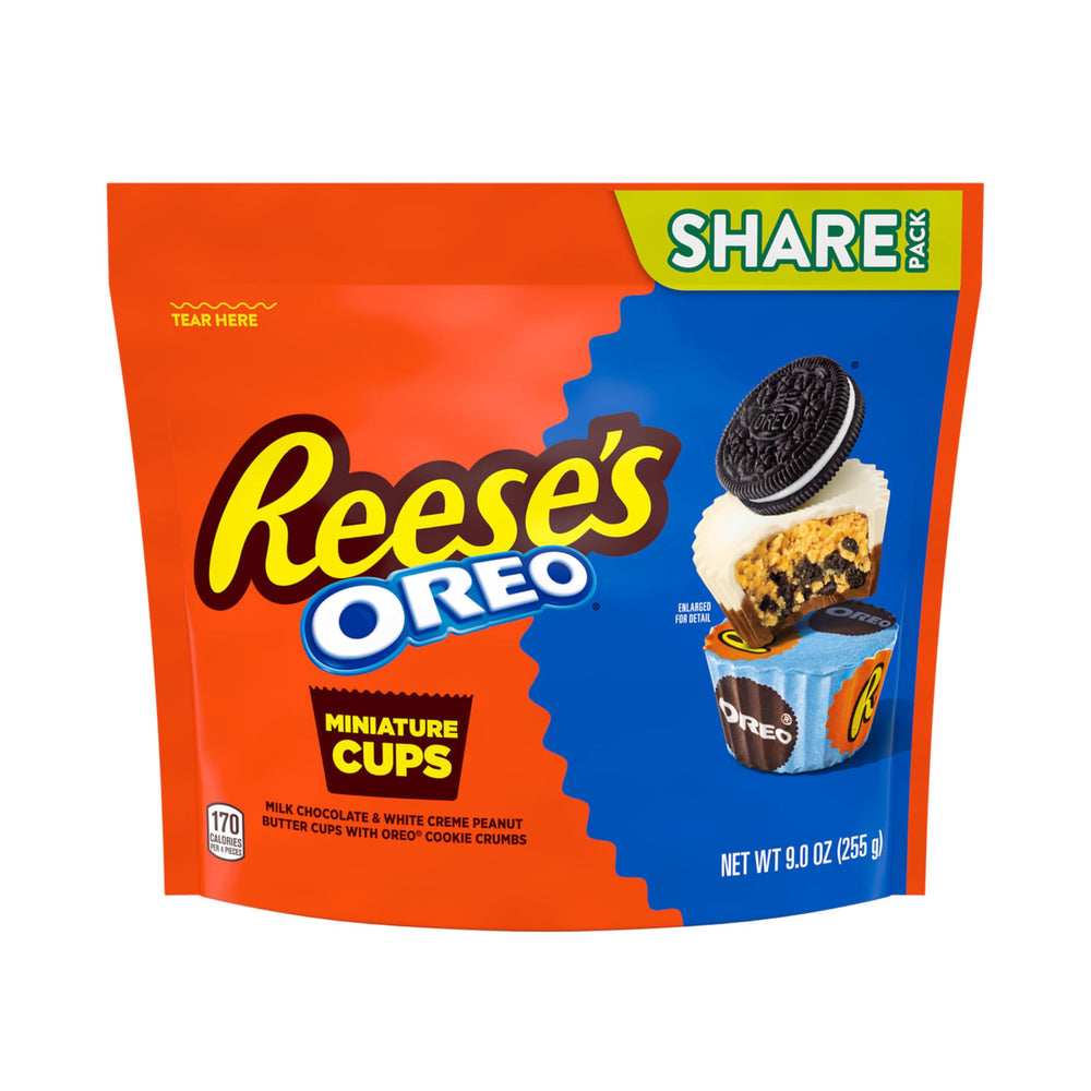 Reese's OREO Miniatures with Oreo crumbs interior close view, snack for movie night.