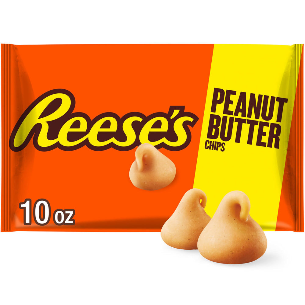 REESE'S Peanut Butter Baking Chips bag front view for easy baking and snacking.