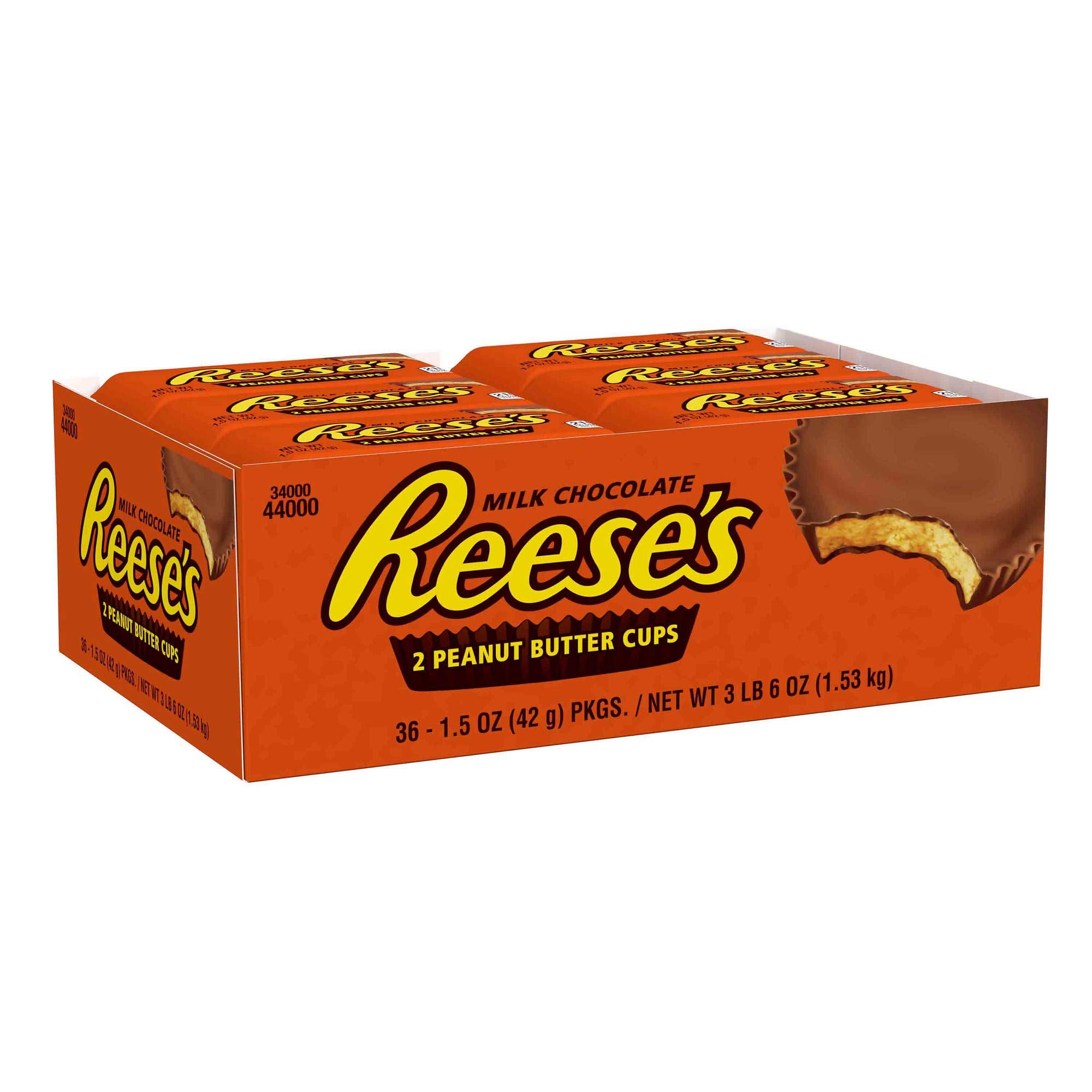 Reese's peanut butter cups pack shot highlighting 36 individually wrapped pieces