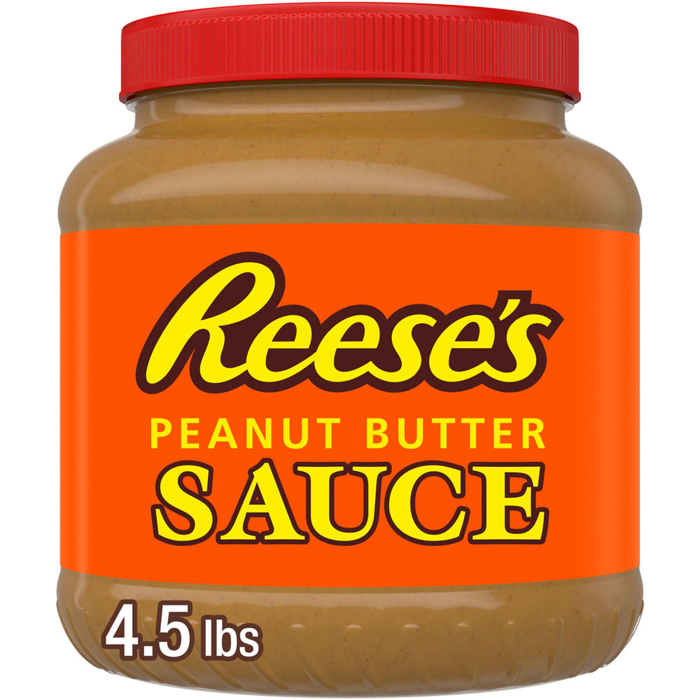Reese's Peanut Butter Sauce bulk jar front view shows creamy texture for baking
