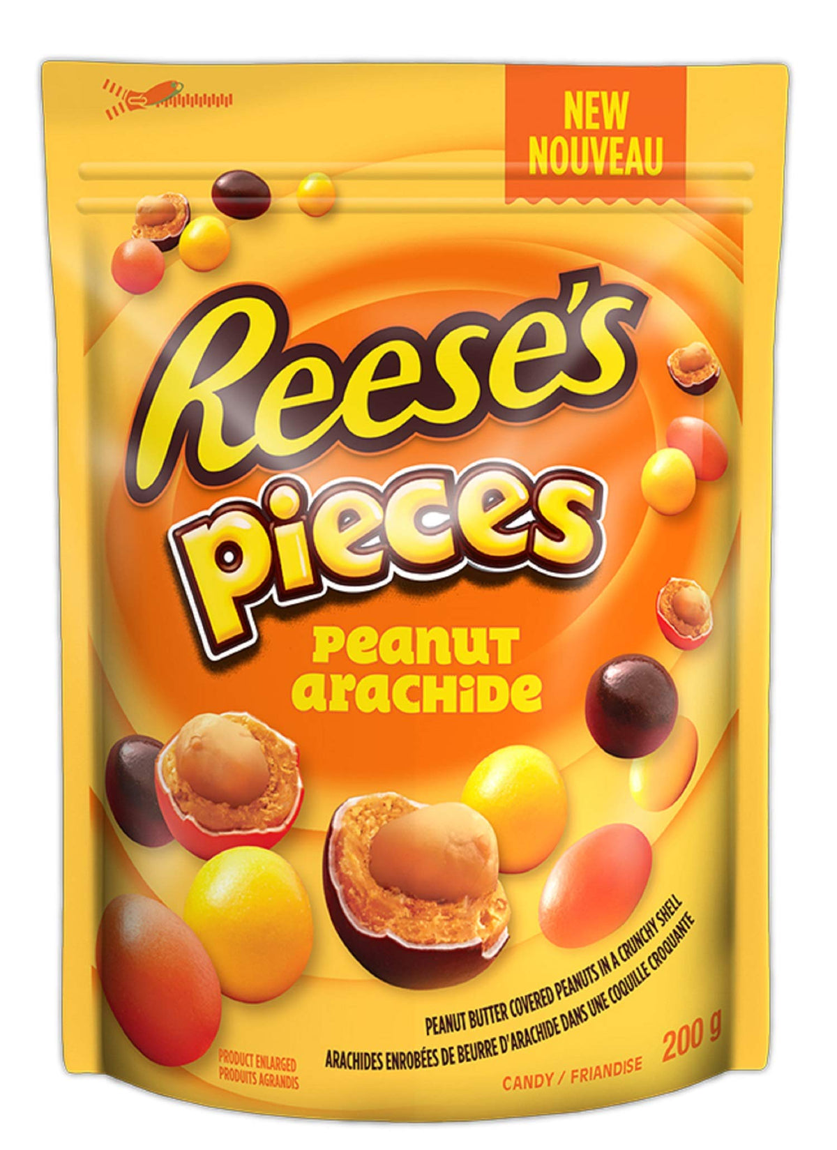 REESE PIECES bag front view, a shareable peanut candy for gatherings.
