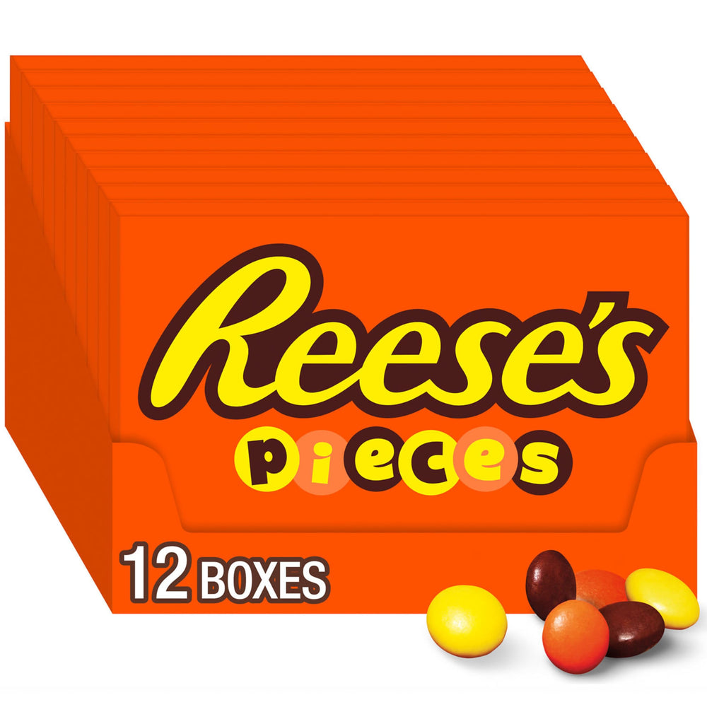 Reese's Pieces box front showing bulk twelve-box set for party snacks