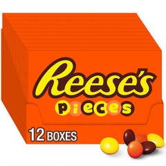 Reese's Pieces box front showing bulk twelve-box set for party snacks