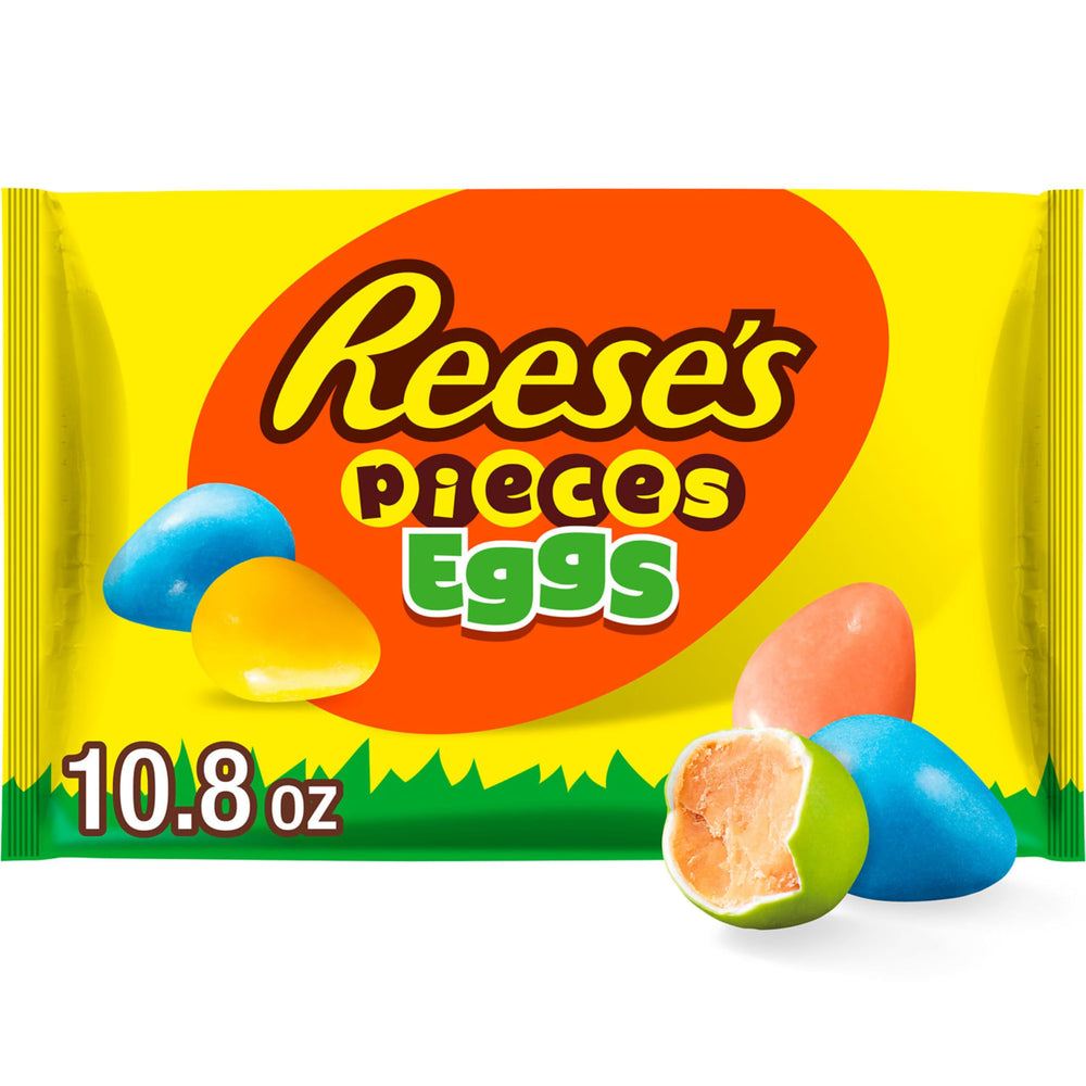Reese's Pieces Peanut Butter Eggs in pastel shells, ideal for Easter baskets and egg hunts.