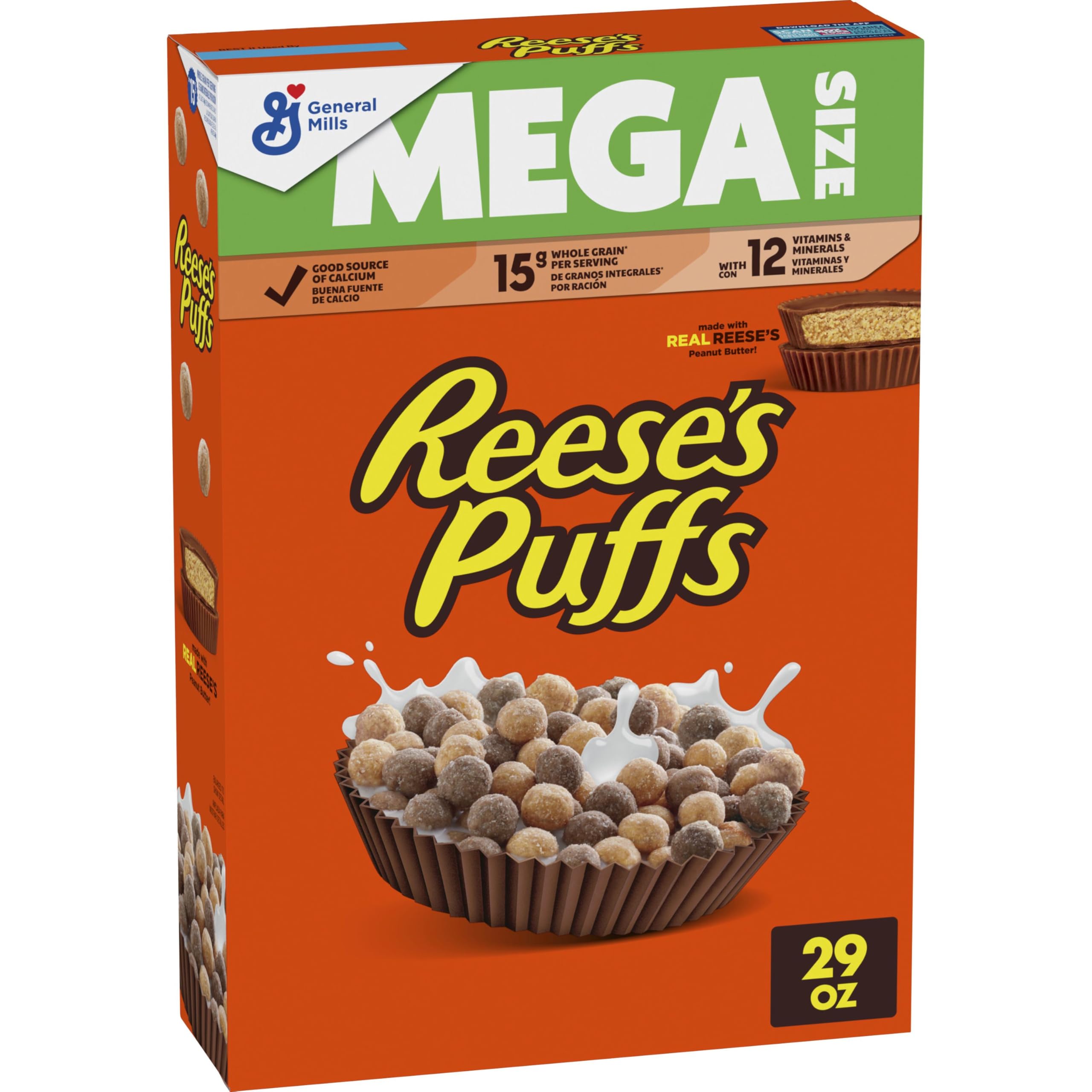 Reese's Puffs mega-size box front, convenient family breakfast option
