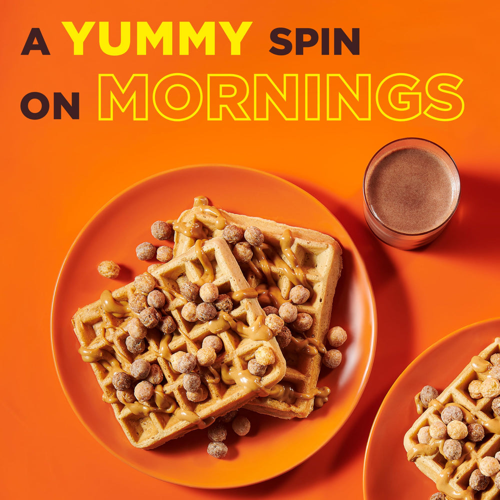 Reese's Puffs chocolatey coating close-up, inviting crisp texture