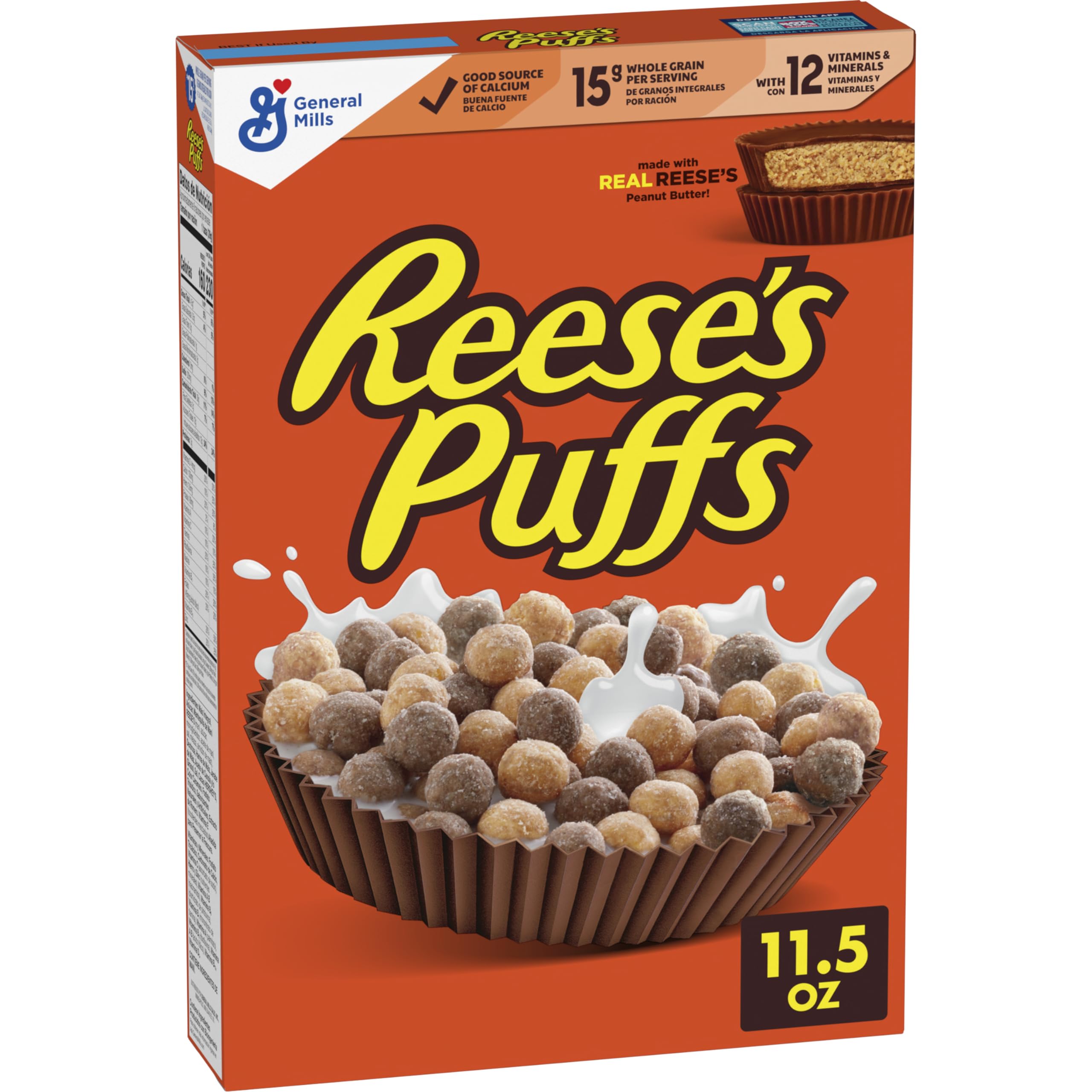 Reese's Puffs chocolatey peanut butter cereal bowl with crunchy bites, perfect for quick breakfast.