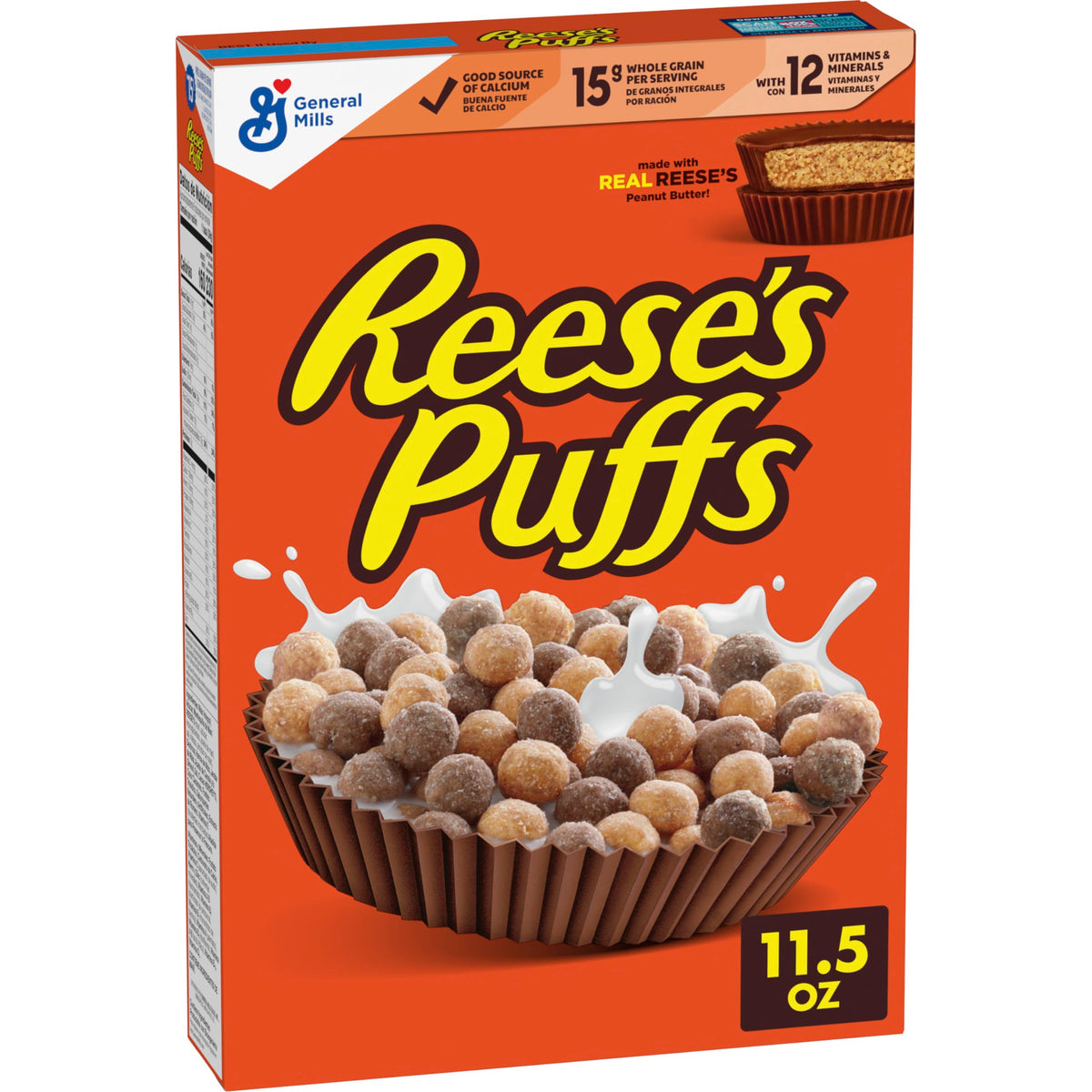 Reese's Puffs chocolatey peanut butter cereal bowl with crunchy bites, perfect for quick breakfast.