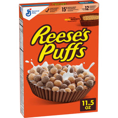 Reese's Puffs chocolatey peanut butter cereal bowl with crunchy bites, perfect for quick breakfast.