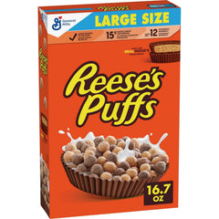 Reese's Puffs chocolatey peanut butter cereal in a bowl for a quick breakfast crunch.