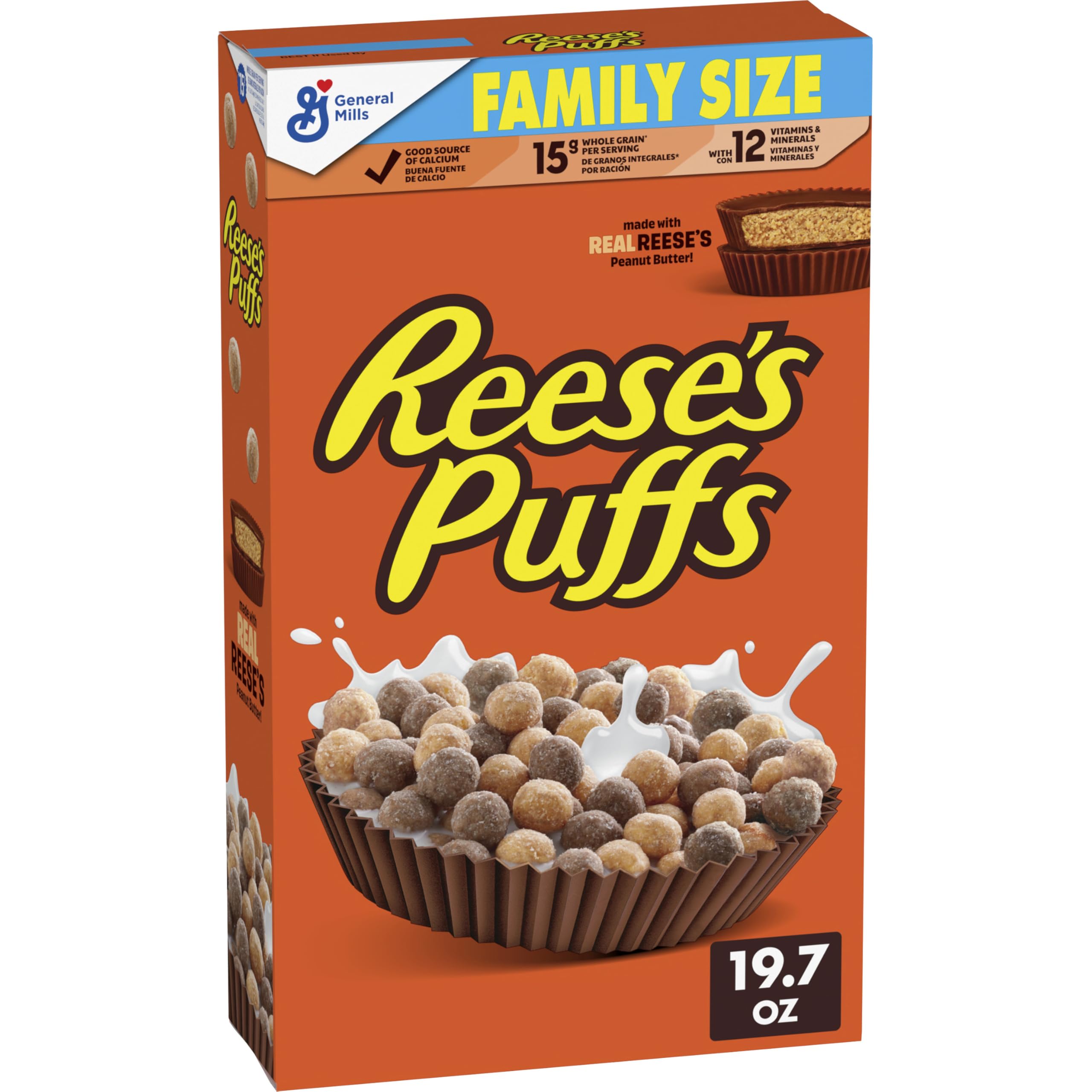 Reese's Puffs chocolatey peanut butter cereal box close-up for a tasty breakfast