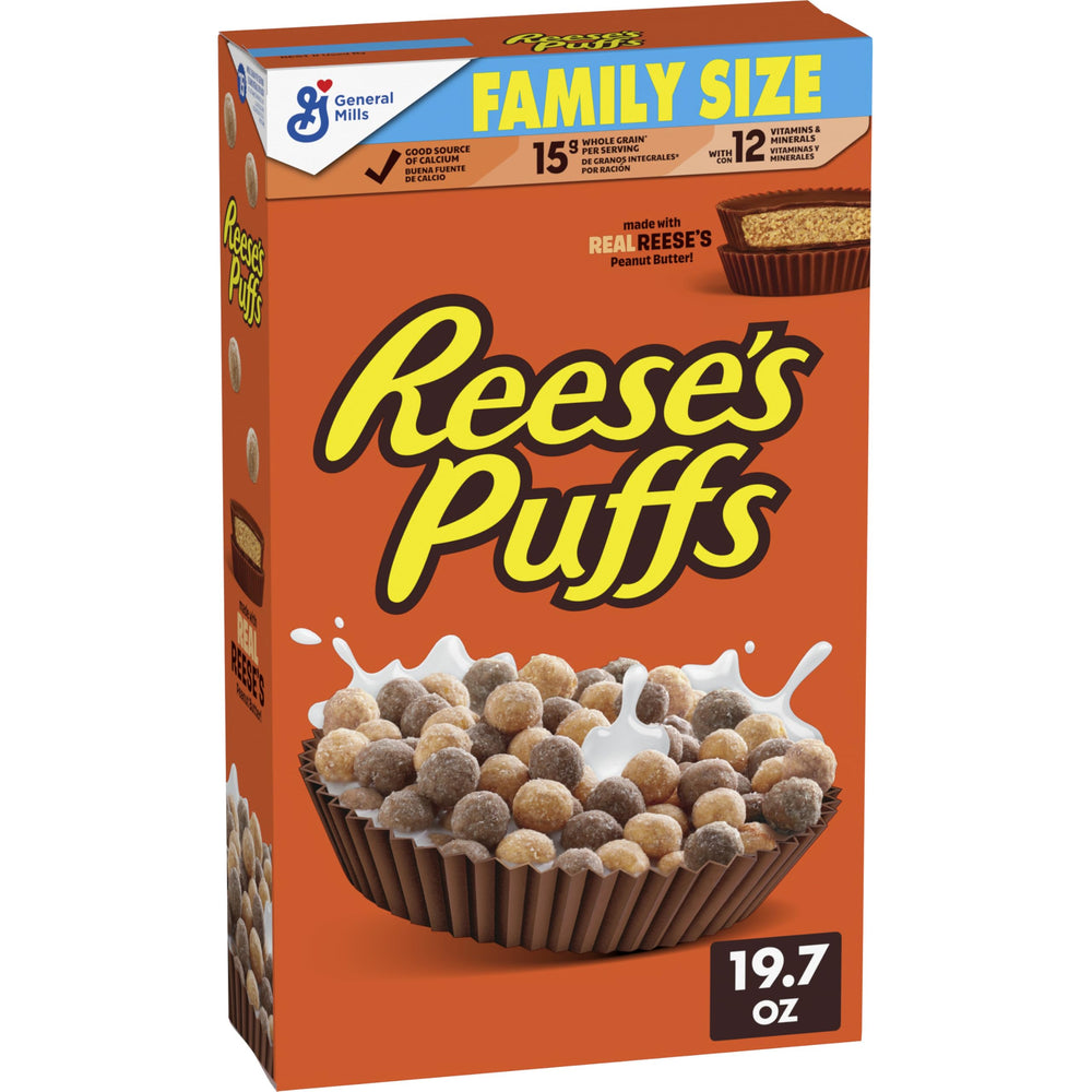Reese's Puffs chocolatey peanut butter cereal box close-up for a tasty breakfast