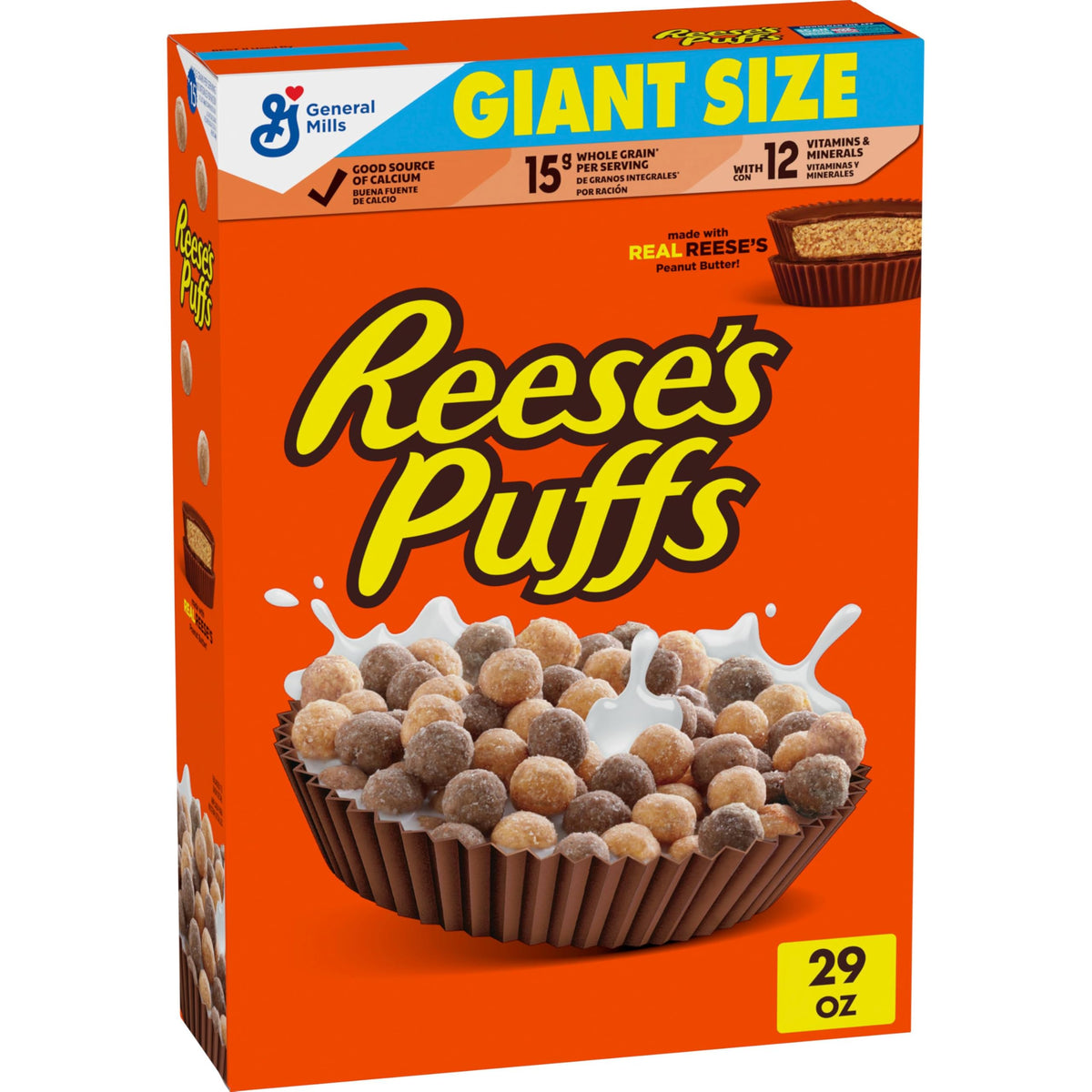 Reese's Puffs giant size cereal box front for quick family breakfasts.