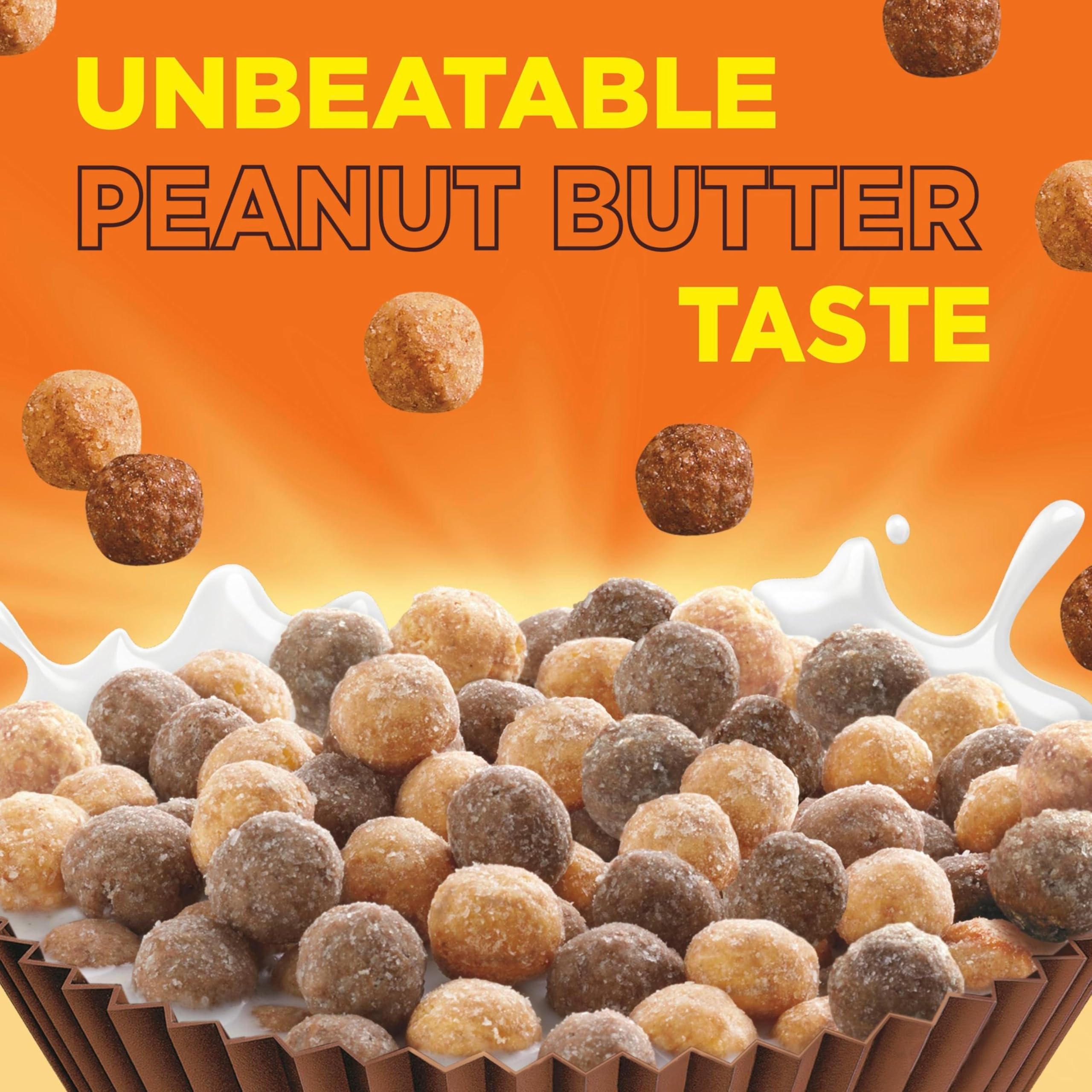 Milk being poured over Reese's Puffs for a creamy crunchy bite.