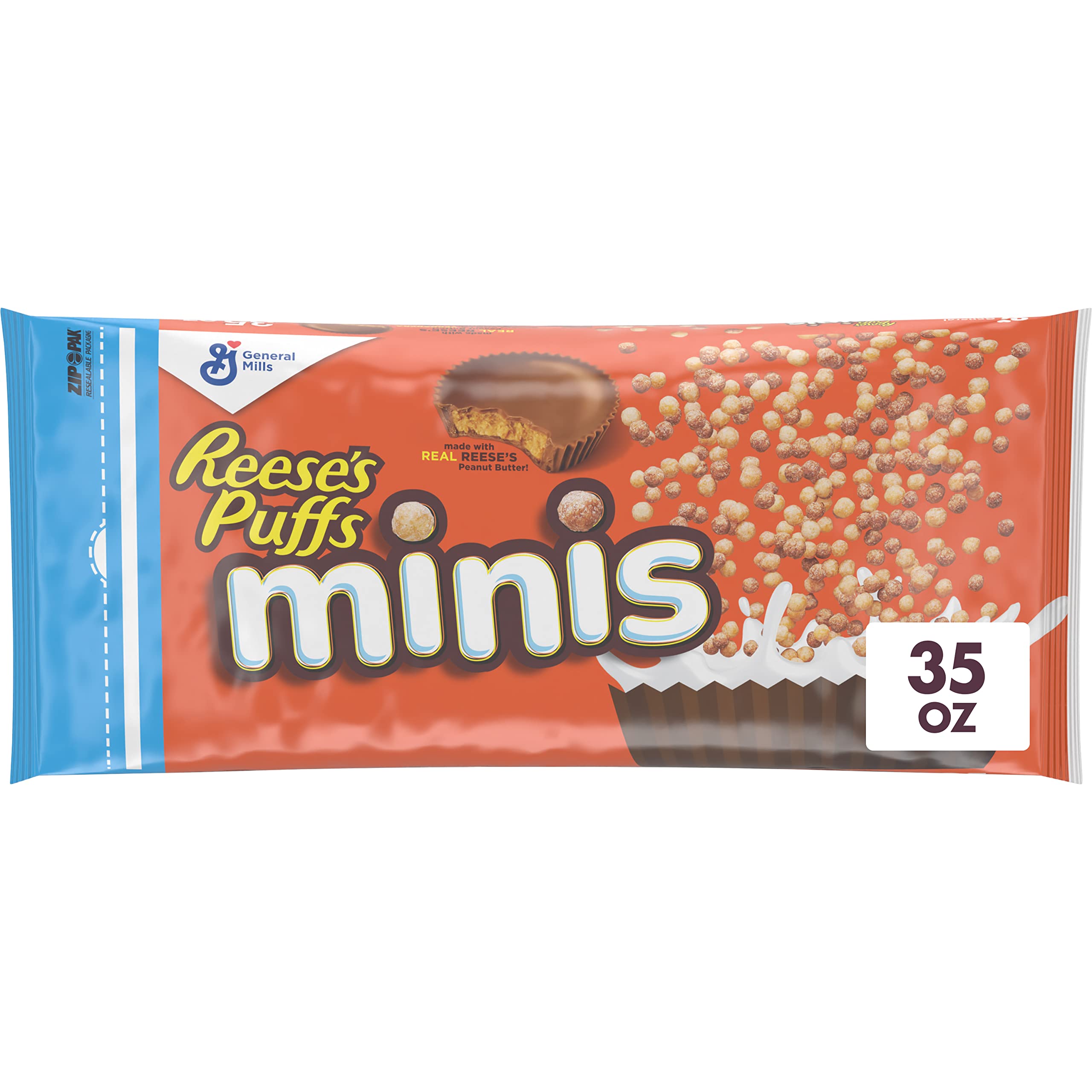 Reese's Puffs Minis in a bowl showing chocolate peanut butter crunch for a quick breakfast.