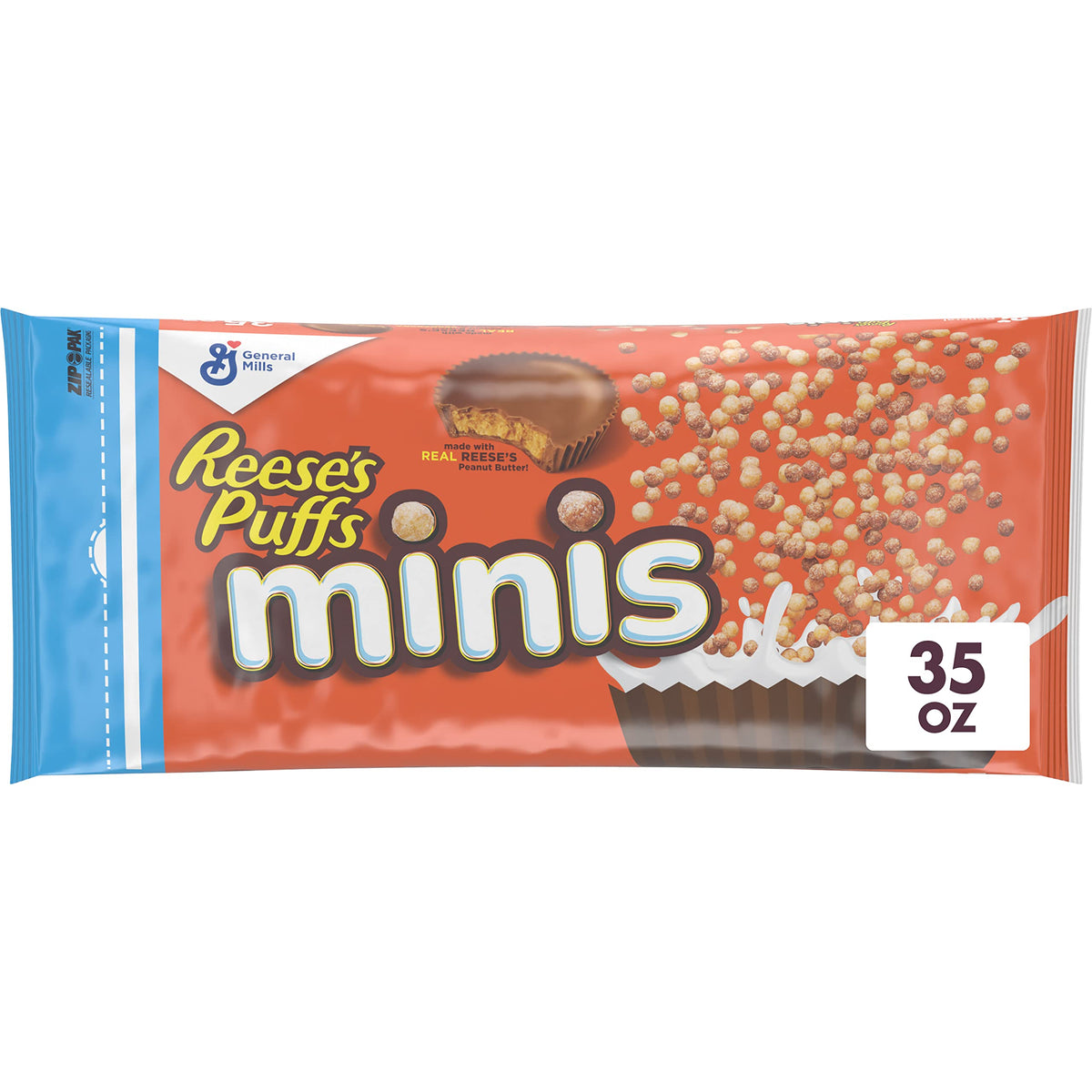 Reese's Puffs Minis in a bowl showing chocolate peanut butter crunch for a quick breakfast.