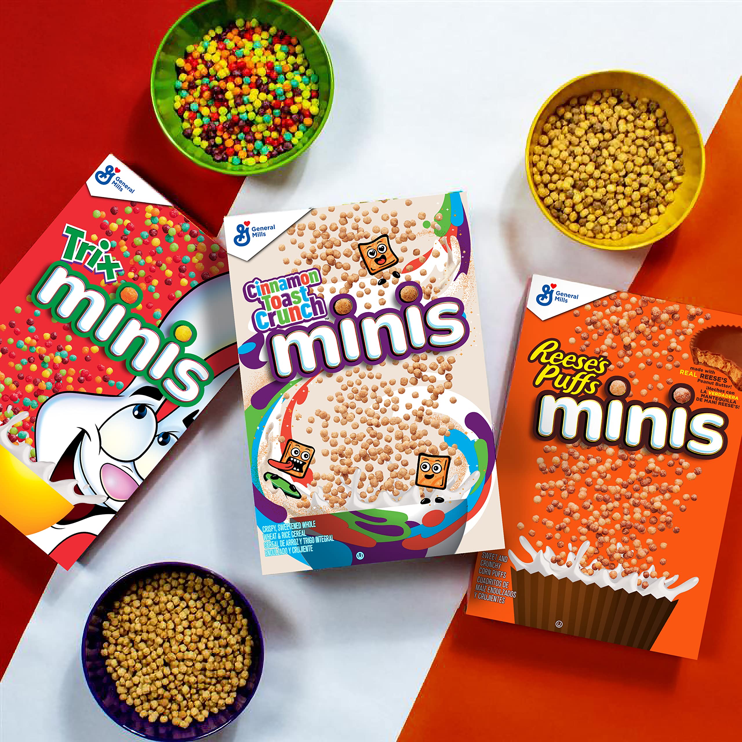 Reese's Puffs Minis pouring into milk for a creamy breakfast bowl.