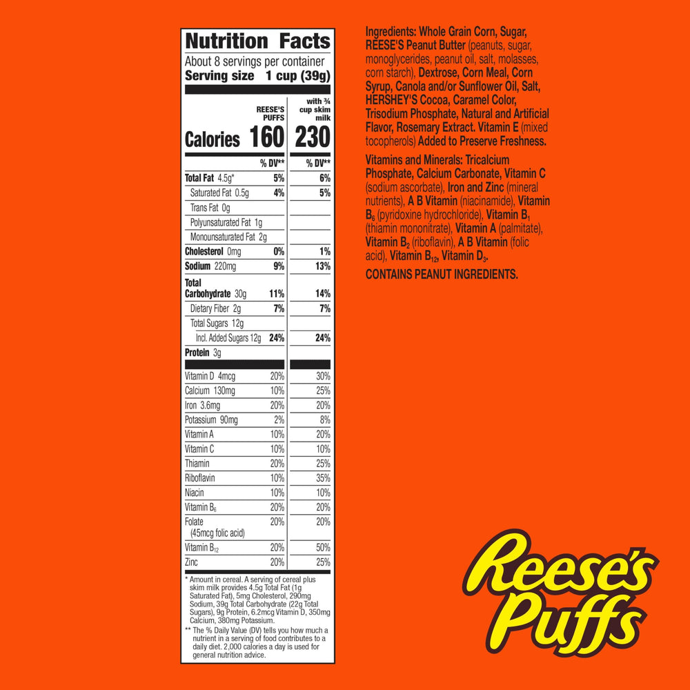 Reese's Puffs being poured with milk to reveal chocolatey peanut butter swirls.