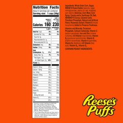 Reese's Puffs being poured with milk to reveal chocolatey peanut butter swirls.