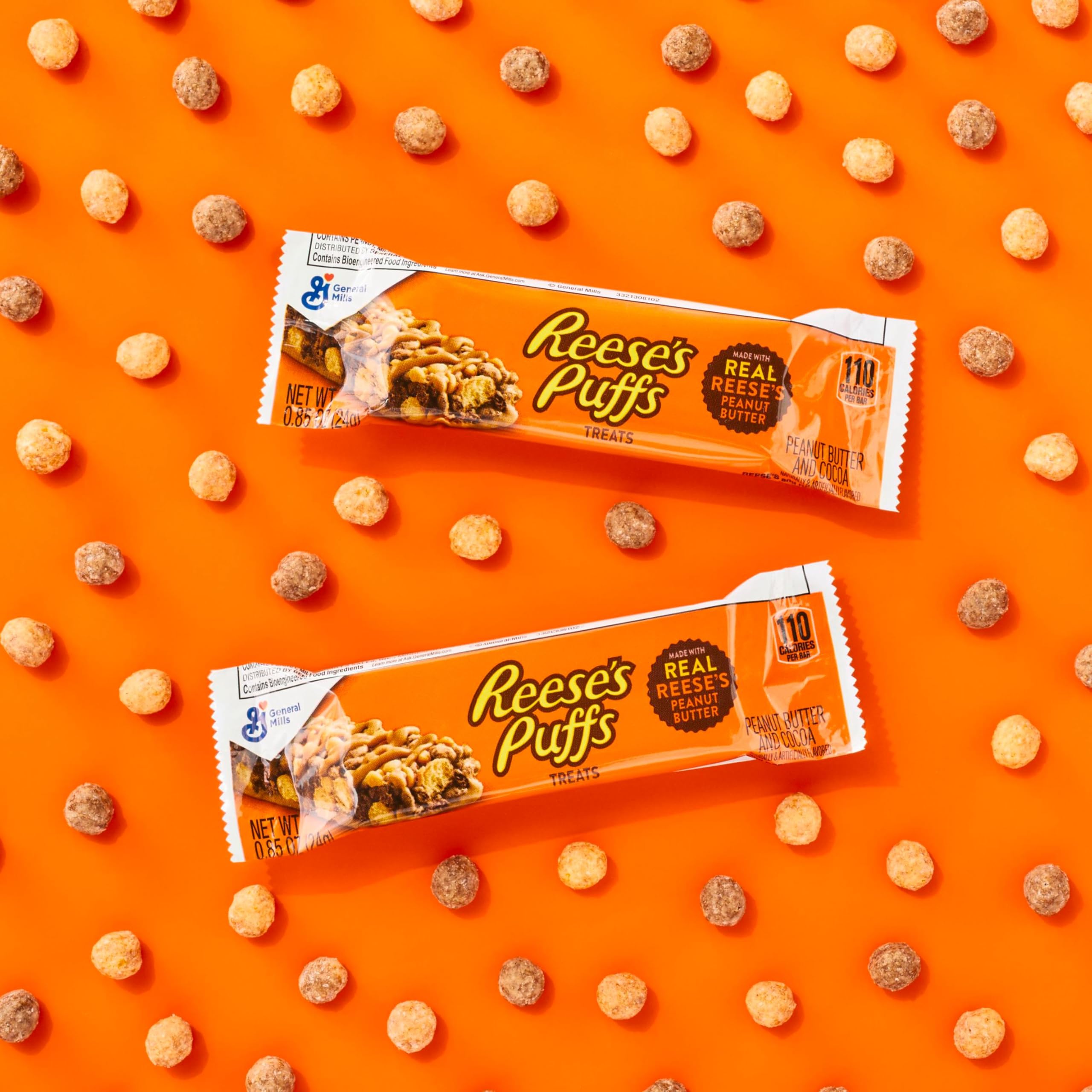 REESE'S Puffs Treat Bars cereal pieces close-up highlighting texture.