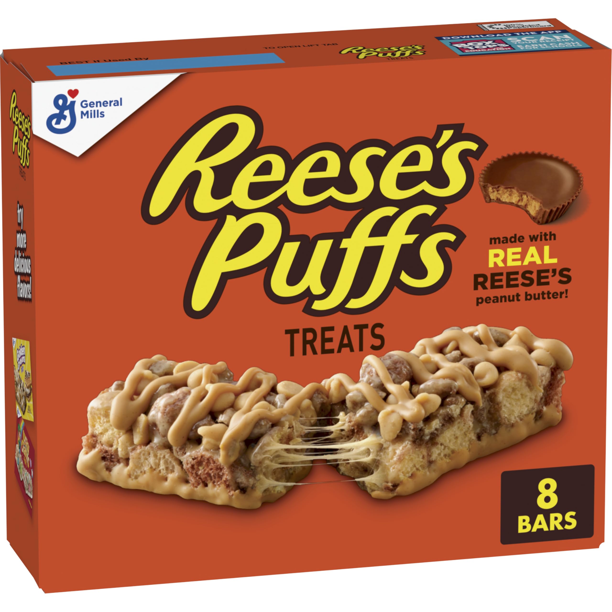 REESE'S Puffs Treat Bars close-up of peanut butter cocoa bar showing crispy cereal texture.