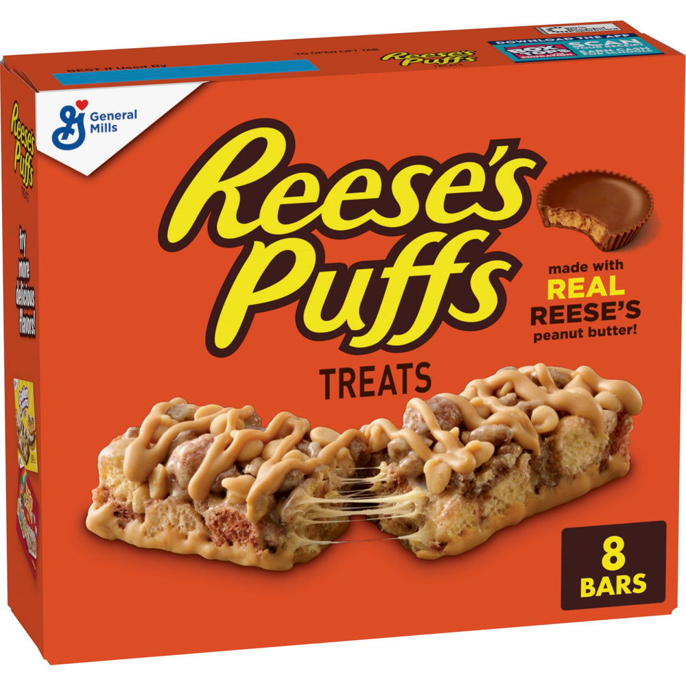 REESE'S Puffs Treat Bars close-up of peanut butter cocoa bar showing crispy cereal texture.