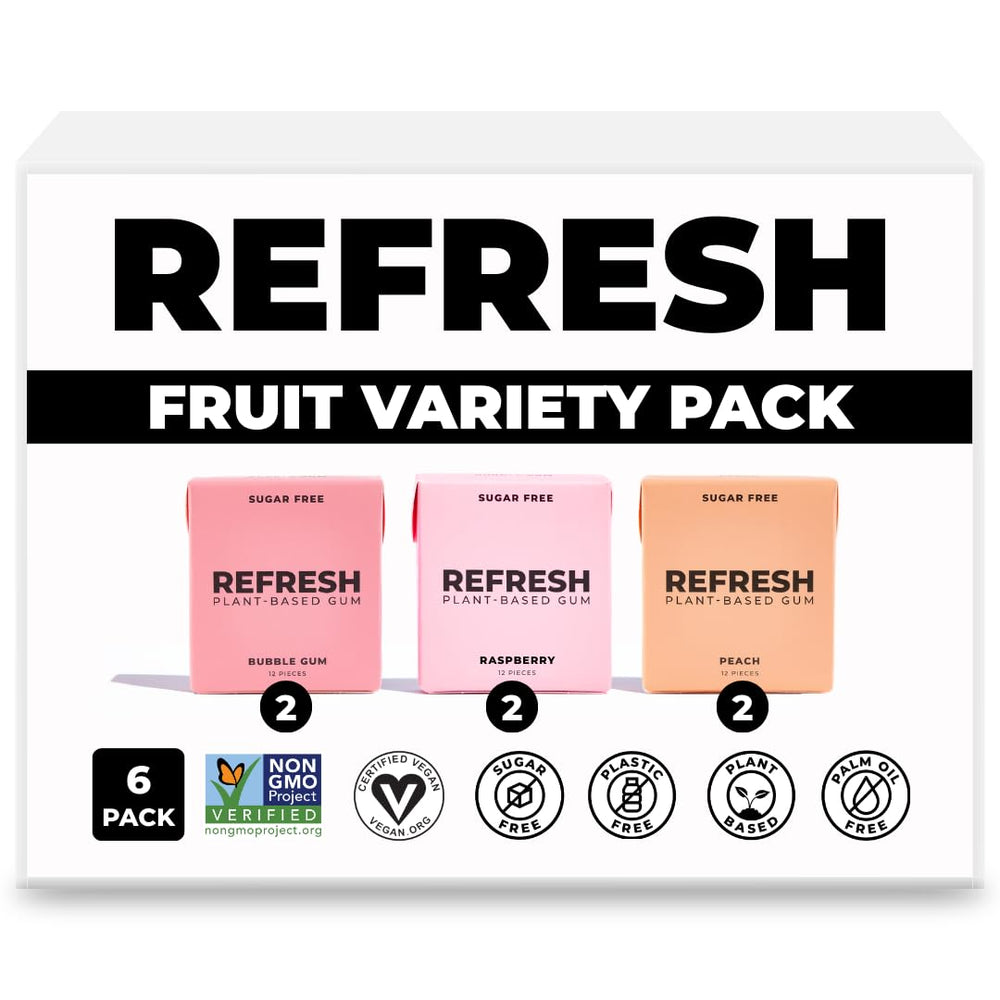 Refresh Gum fruit variety pack closeup showcases natural flavors and plant-based ingredients for a refreshing chew.