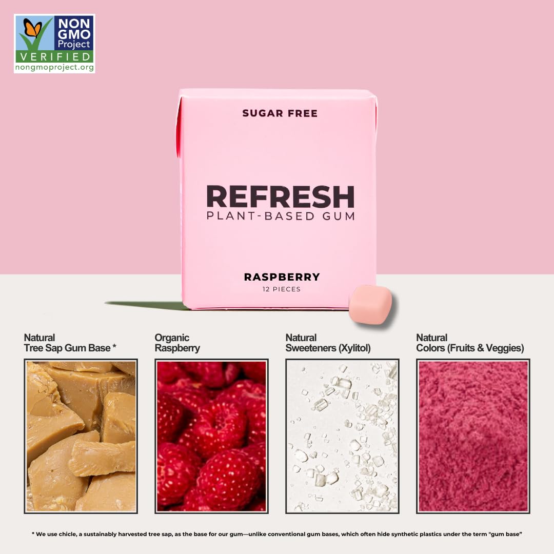 Refresh Gum peach flavor closeup reveals fruity notes and plant-based ingredients for a gentle chew.