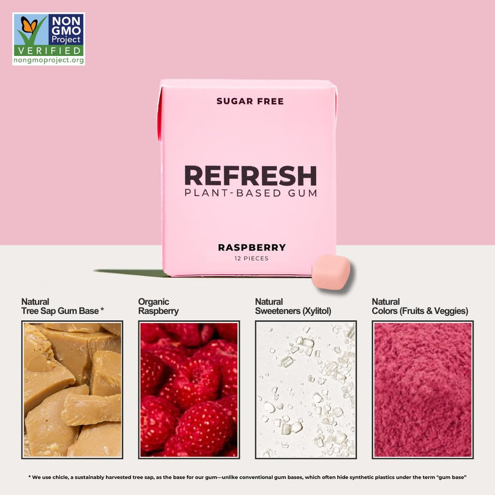 Refresh Gum peach flavor closeup reveals fruity notes and plant-based ingredients for a gentle chew.