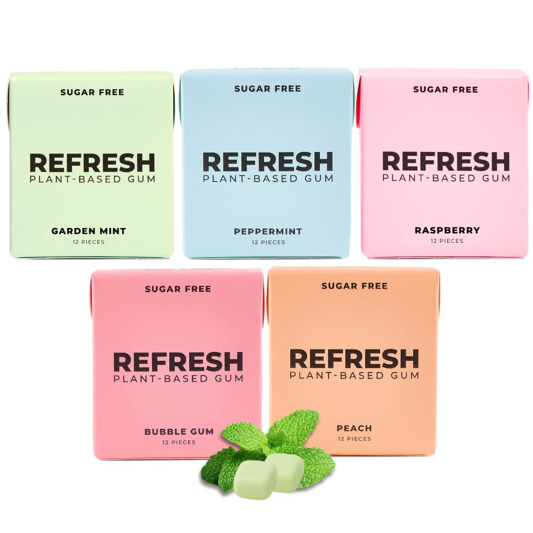 Refresh Gum plant-based gum base delivers a clean, plastic-free chew.