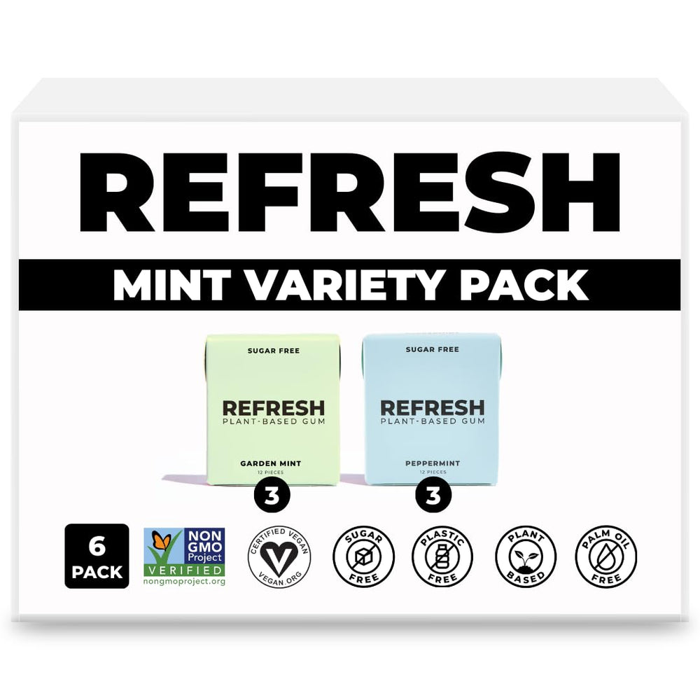 Refresh Gum plastic-free base highlights natural ingredients for a cleaner chew.