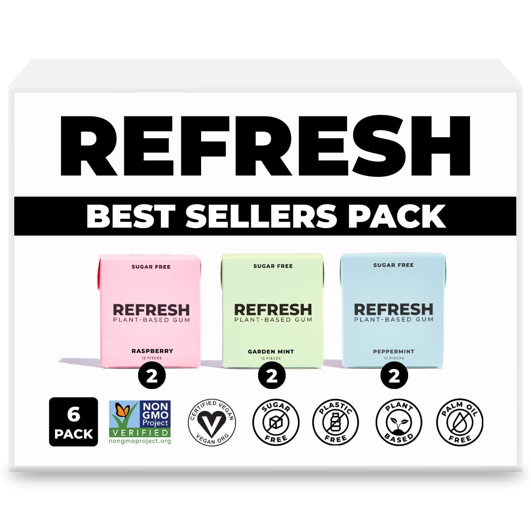 Refresh Gum variety pack display showing six flavors for on-the-go freshness.