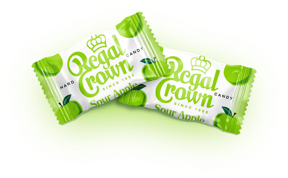 Regal Crown sour apple candy close-up highlights tarte flavor and kettle-cook appeal.