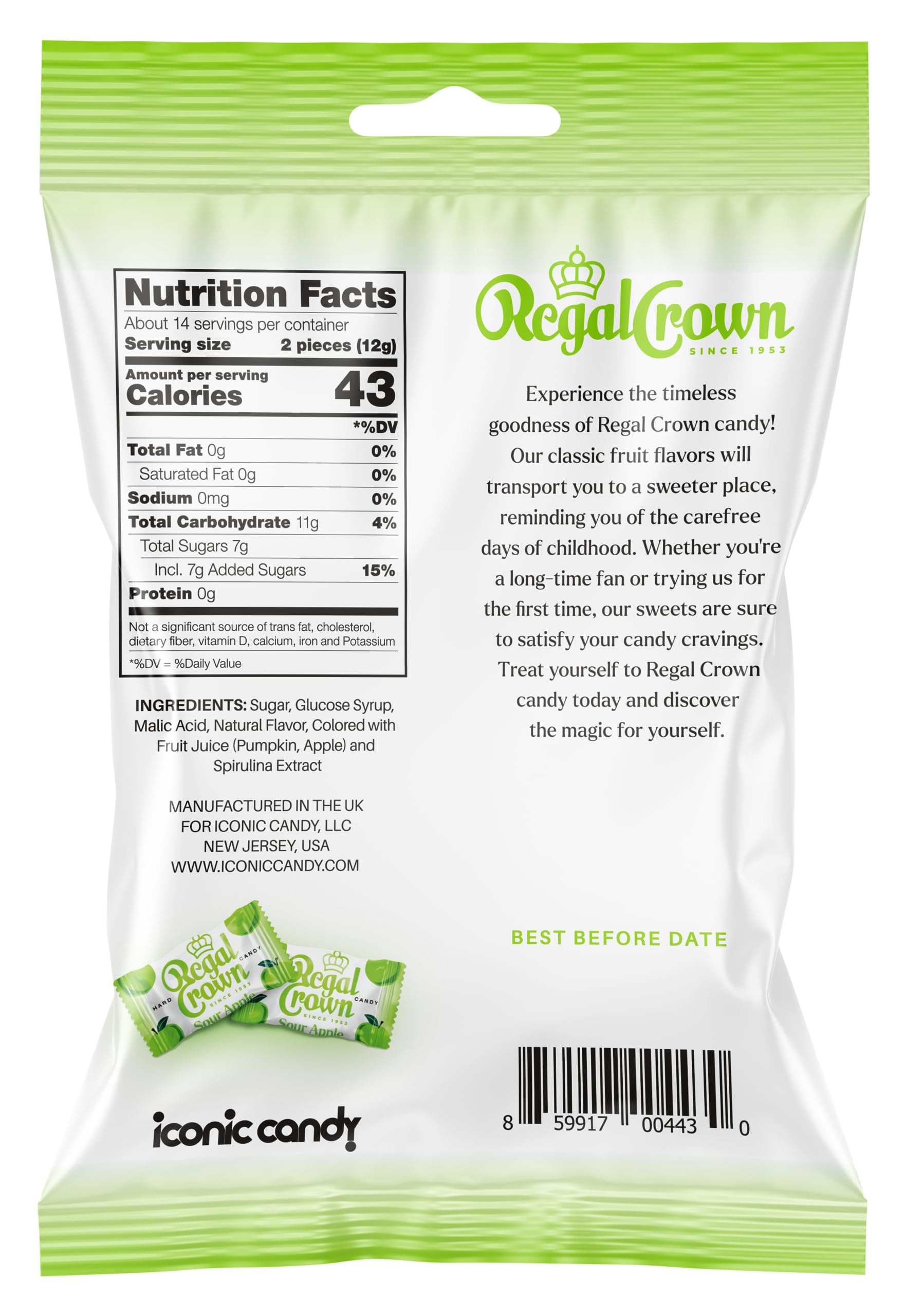 Regal Crown sour apple candy wrapped pieces highlight mess-free portability.