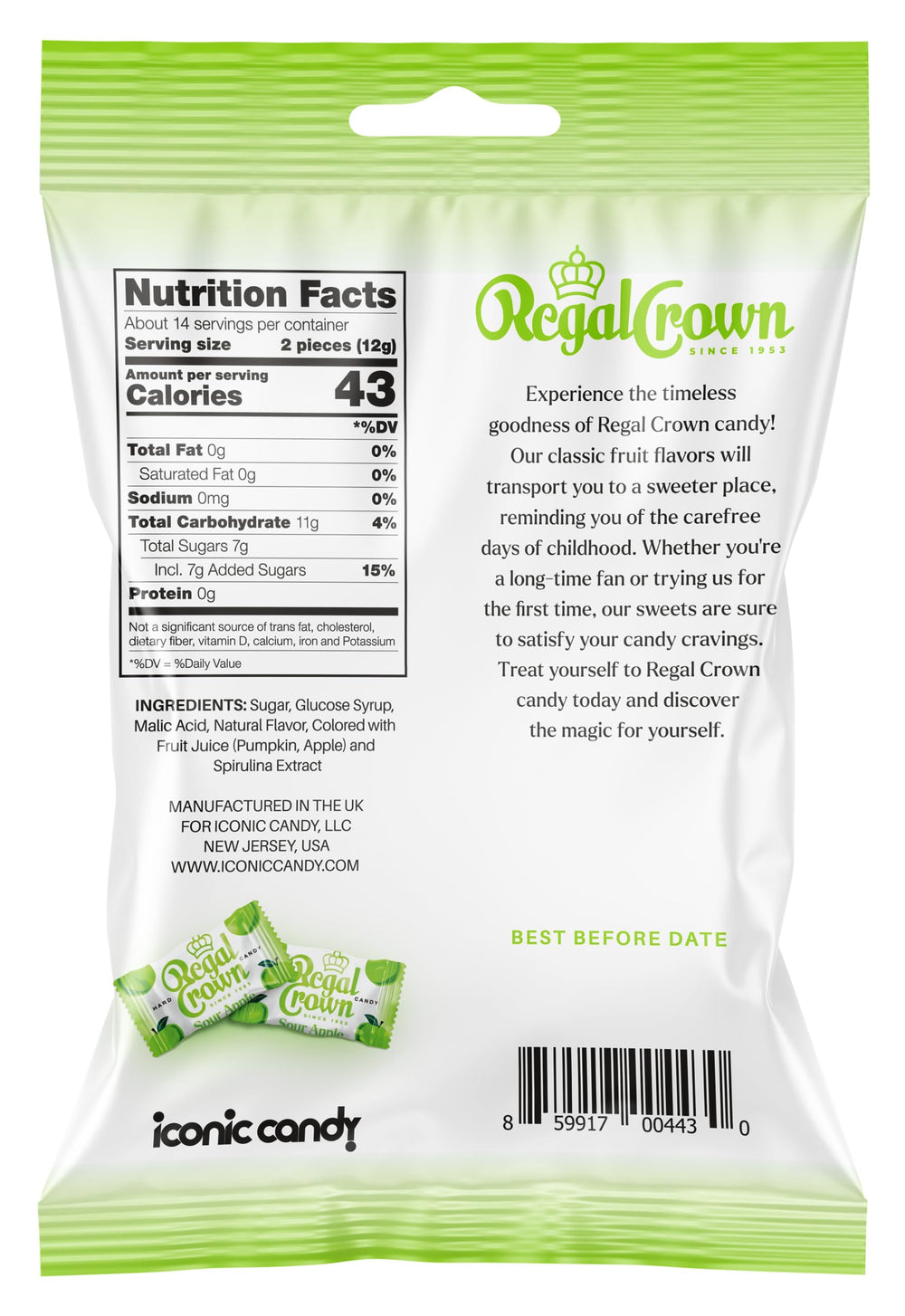 Regal Crown sour apple candy wrapped pieces highlight mess-free portability.