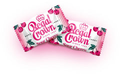 Regal Crown Sour Cherry Candy pieces inside the bag displaying bite-sized tartness
