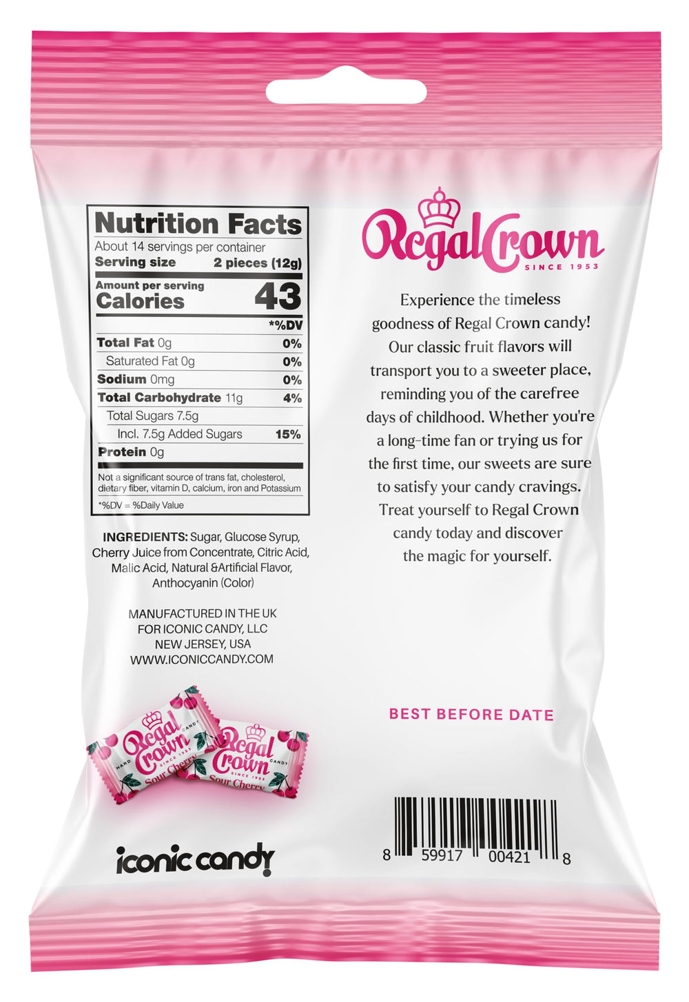 Regal Crown Sour Cherry Candy wrapper close-up highlighting individually wrapped pieces