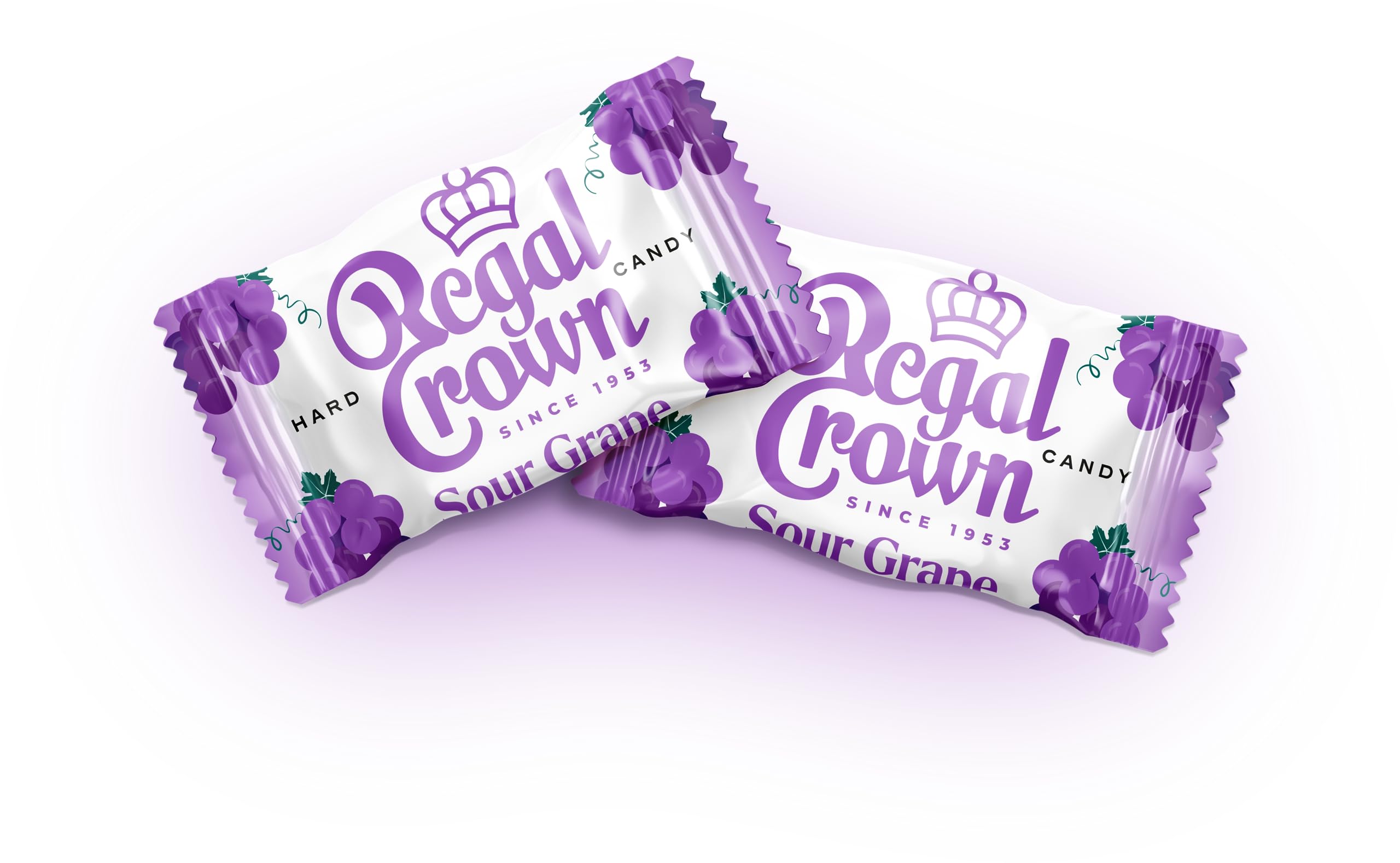 Regal Crown Sour Grape Candy bag close-up highlighting easy-to-share wrappers