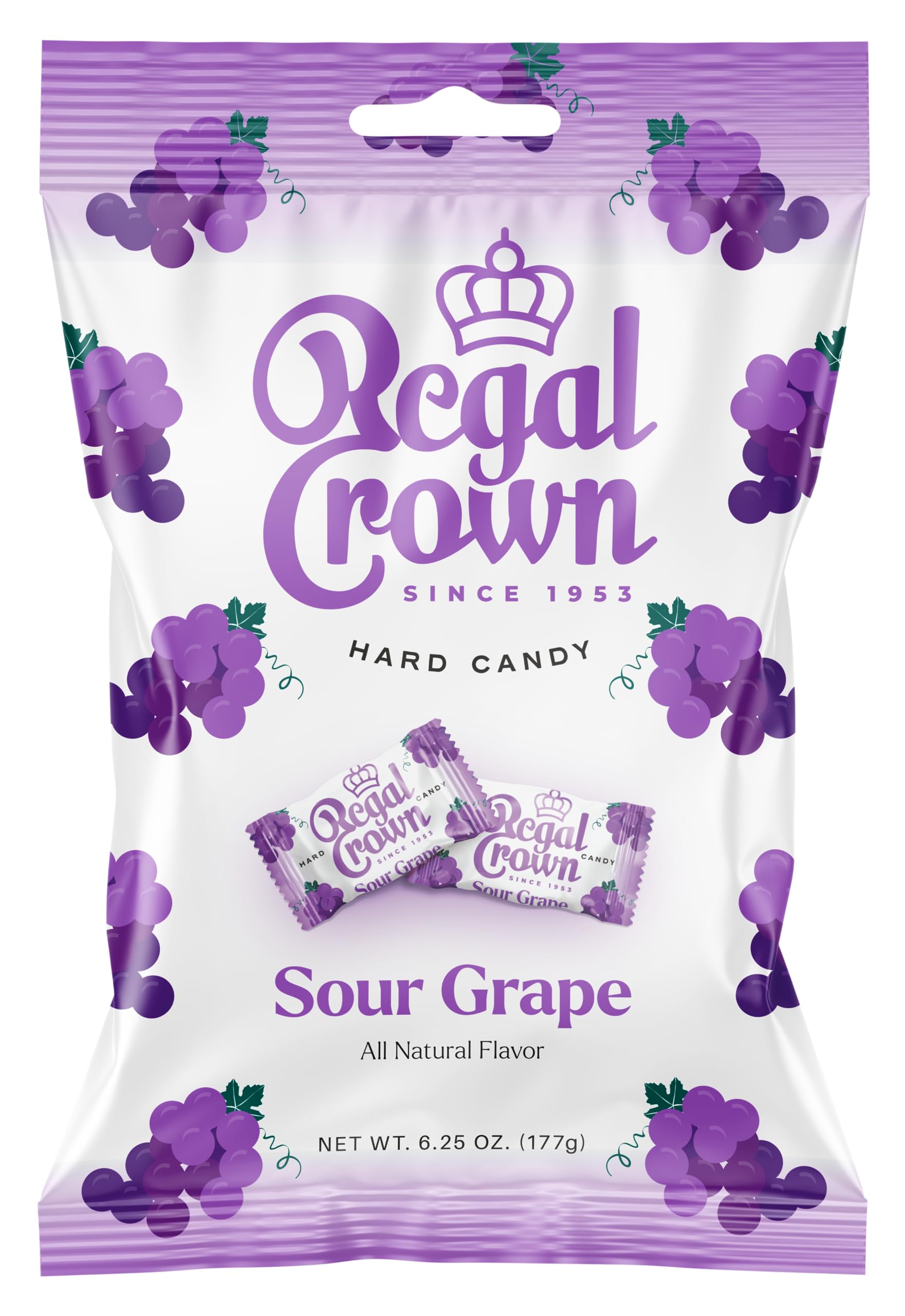 Regal Crown Sour Grape Candy pack front showing brand and classic flavor
