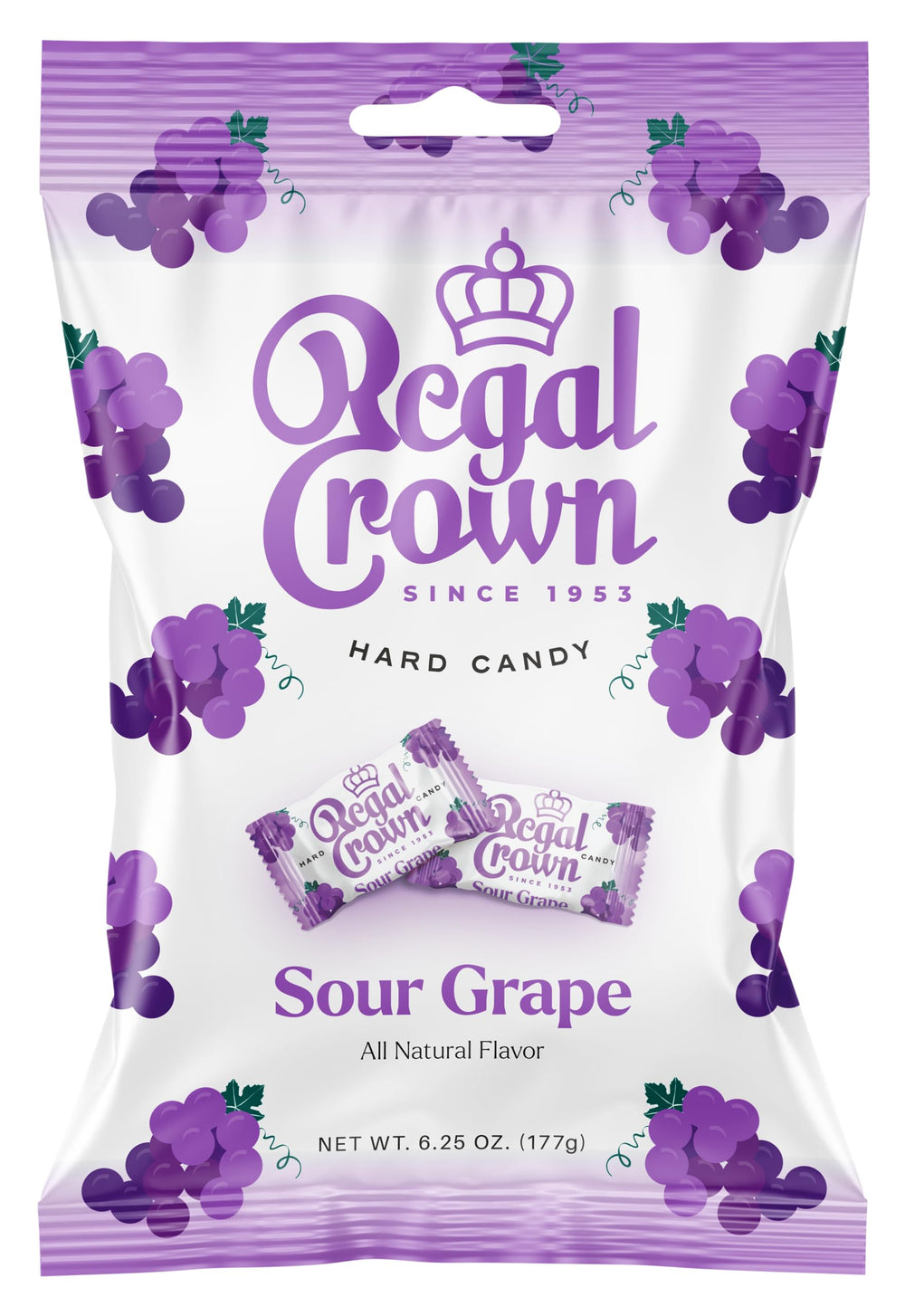 Regal Crown Sour Grape Candy pack front showing brand and classic flavor