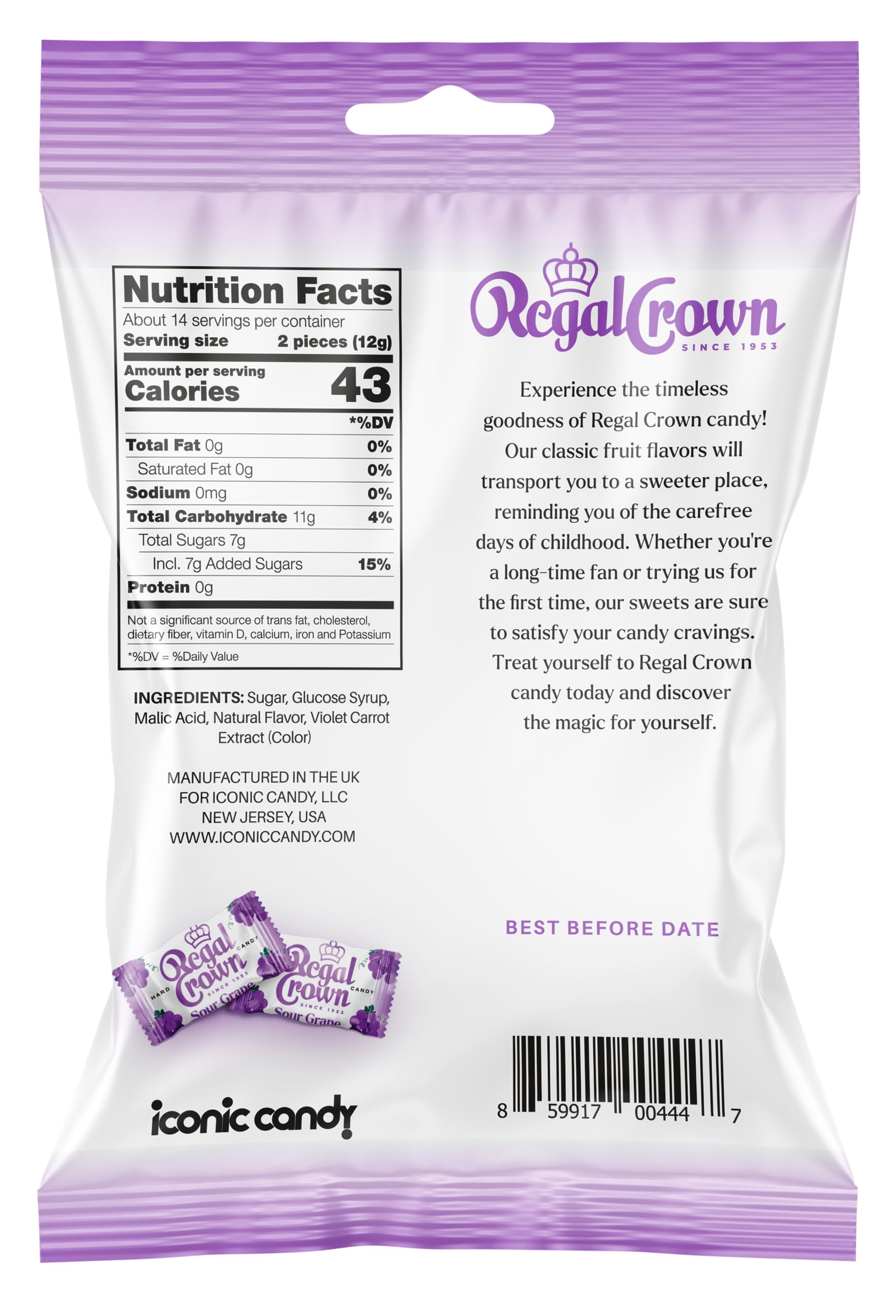 Regal Crown Sour Grape Candy wrappers close-up, emphasizing 28 individually wrapped pieces