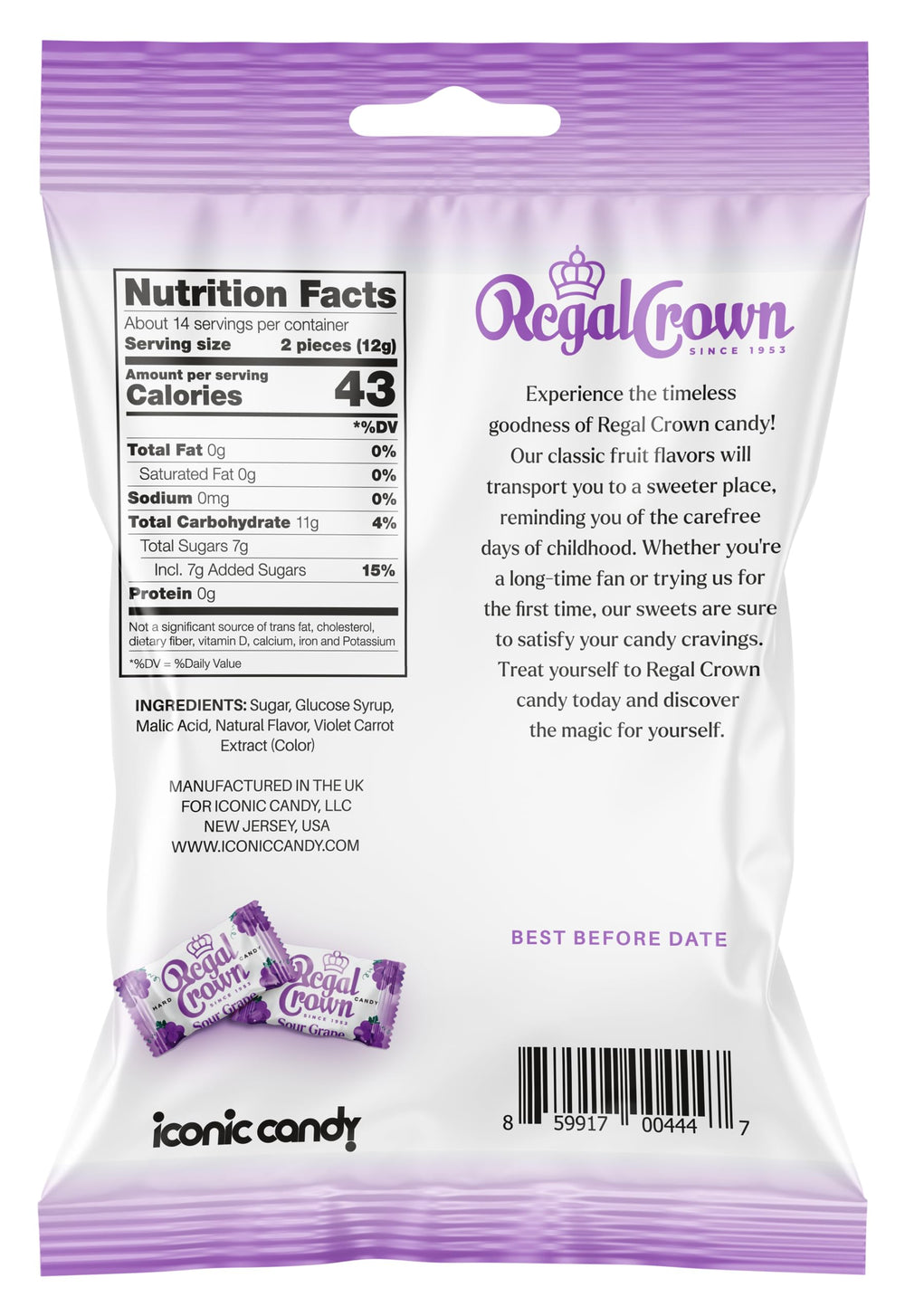 Regal Crown Sour Grape Candy wrappers close-up, emphasizing 28 individually wrapped pieces