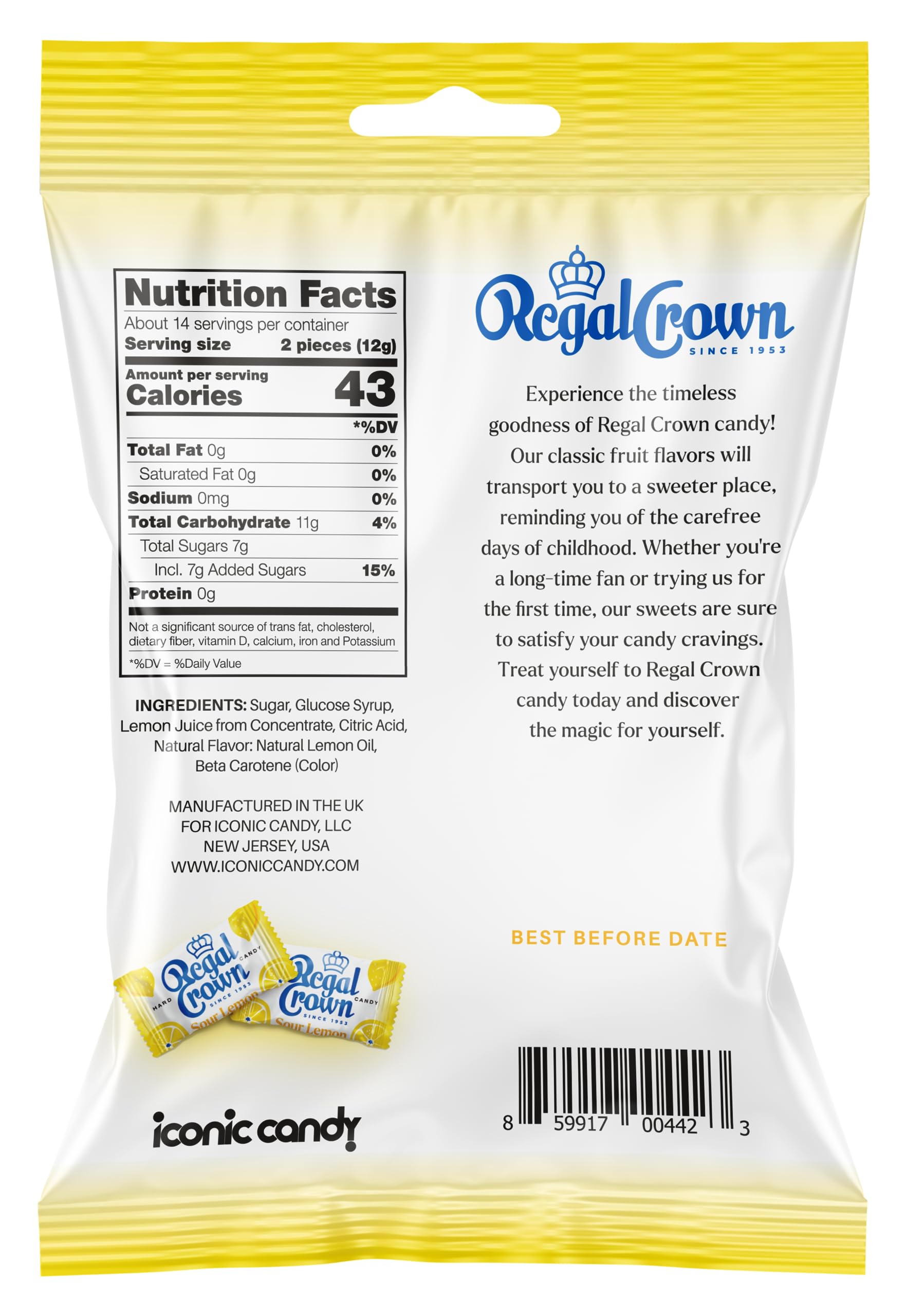 Regal Crown Sour Lemon Hard Candy individually wrapped pieces emphasize mess-free enjoyment