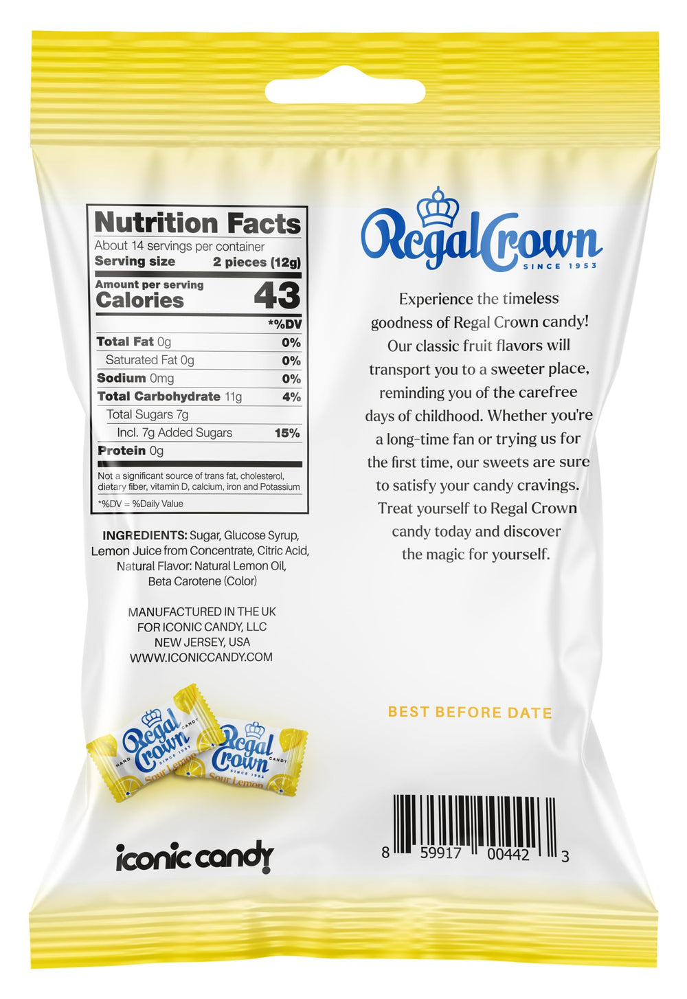 Regal Crown Sour Lemon Hard Candy individually wrapped pieces emphasize mess-free enjoyment