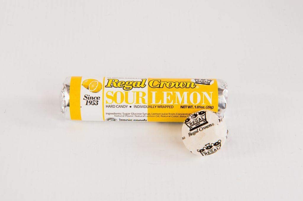Regal Crown sour lemon candy rolls arranged neatly in a lineup