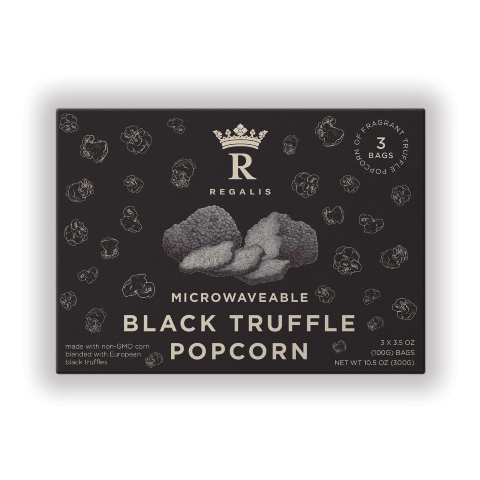 Regalis microwavable black truffle popcorn packaging highlights premium flavor and gift-ready presentation