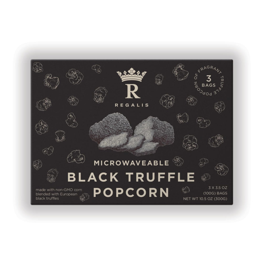 Regalis microwavable black truffle popcorn packaging highlights premium flavor and gift-ready presentation