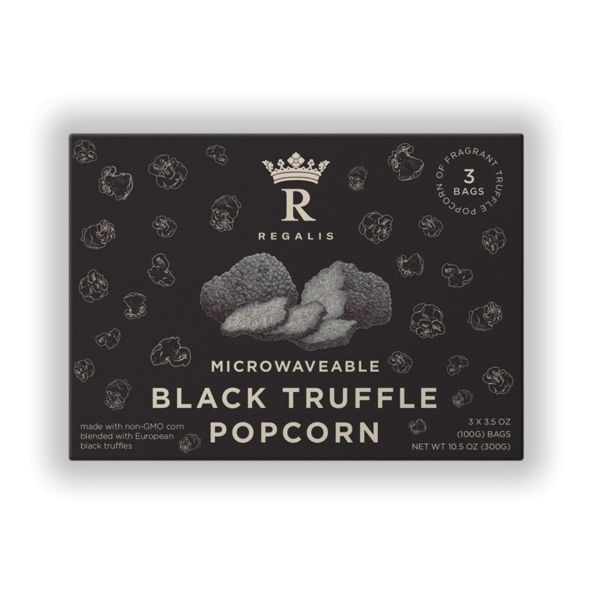 Regalis microwavable black truffle popcorn packaging highlights premium flavor and gift-ready presentation