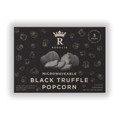 Regalis microwavable black truffle popcorn packaging highlights premium flavor and gift-ready presentation