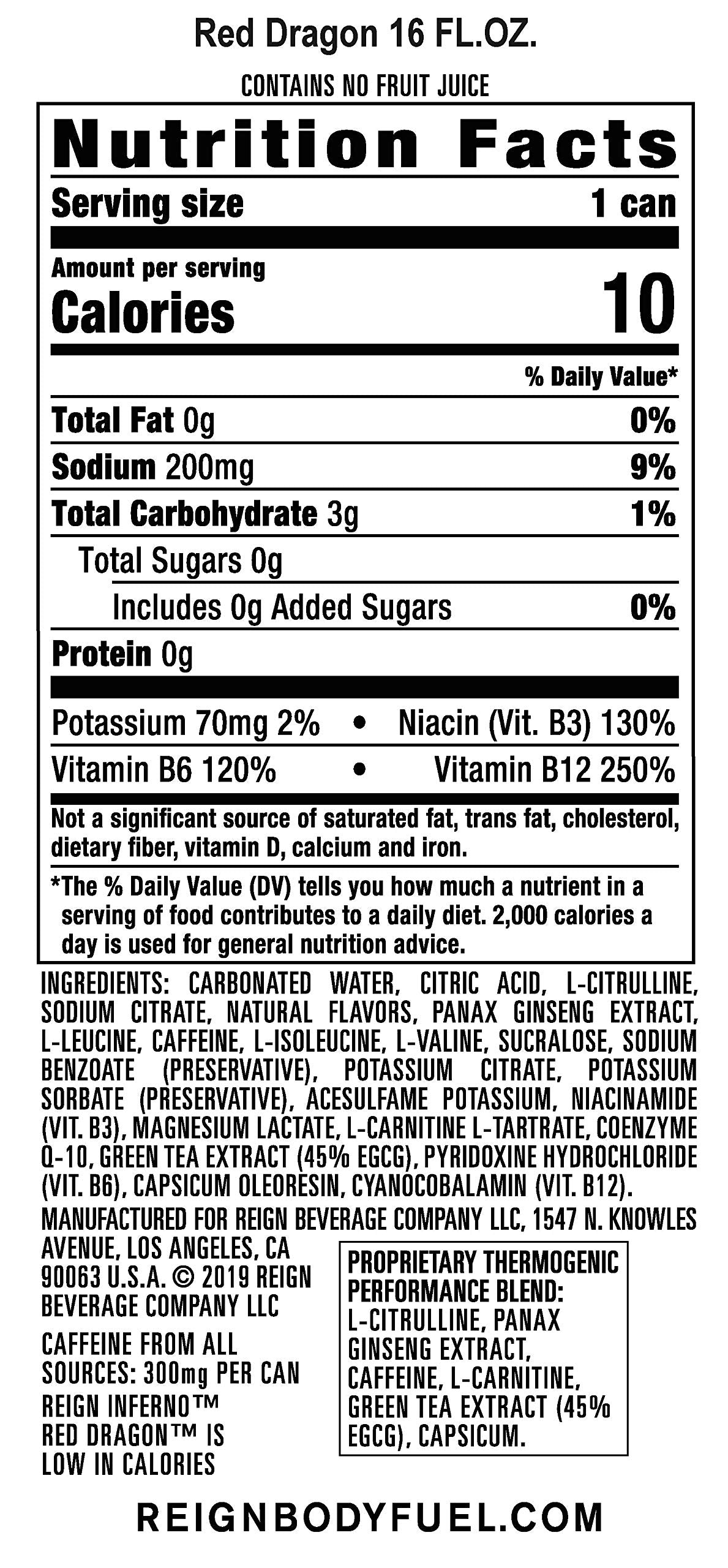 REIGN Inferno Red Dragon can close-up emphasizes zero sugar formula for clean fueling.